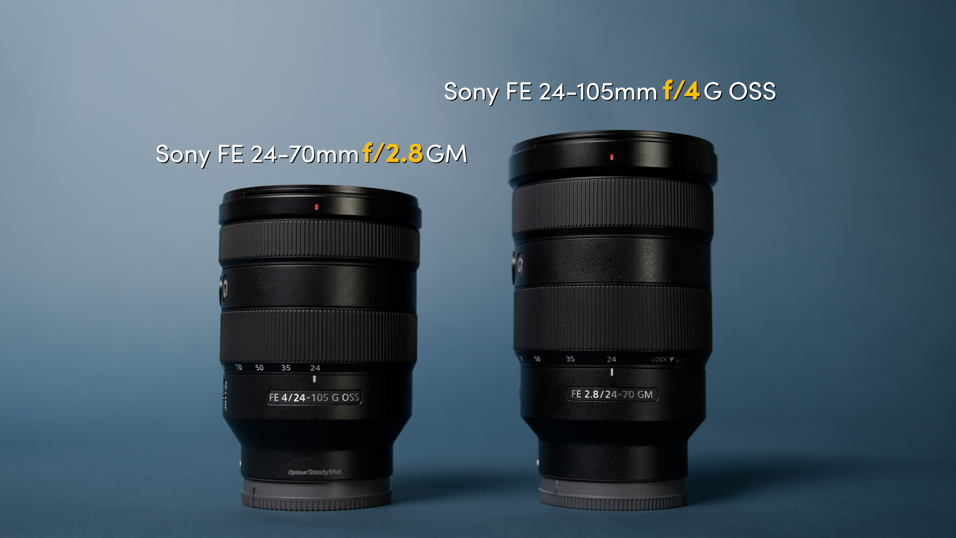 Deux objectifs Sony posés sur un fond bleu