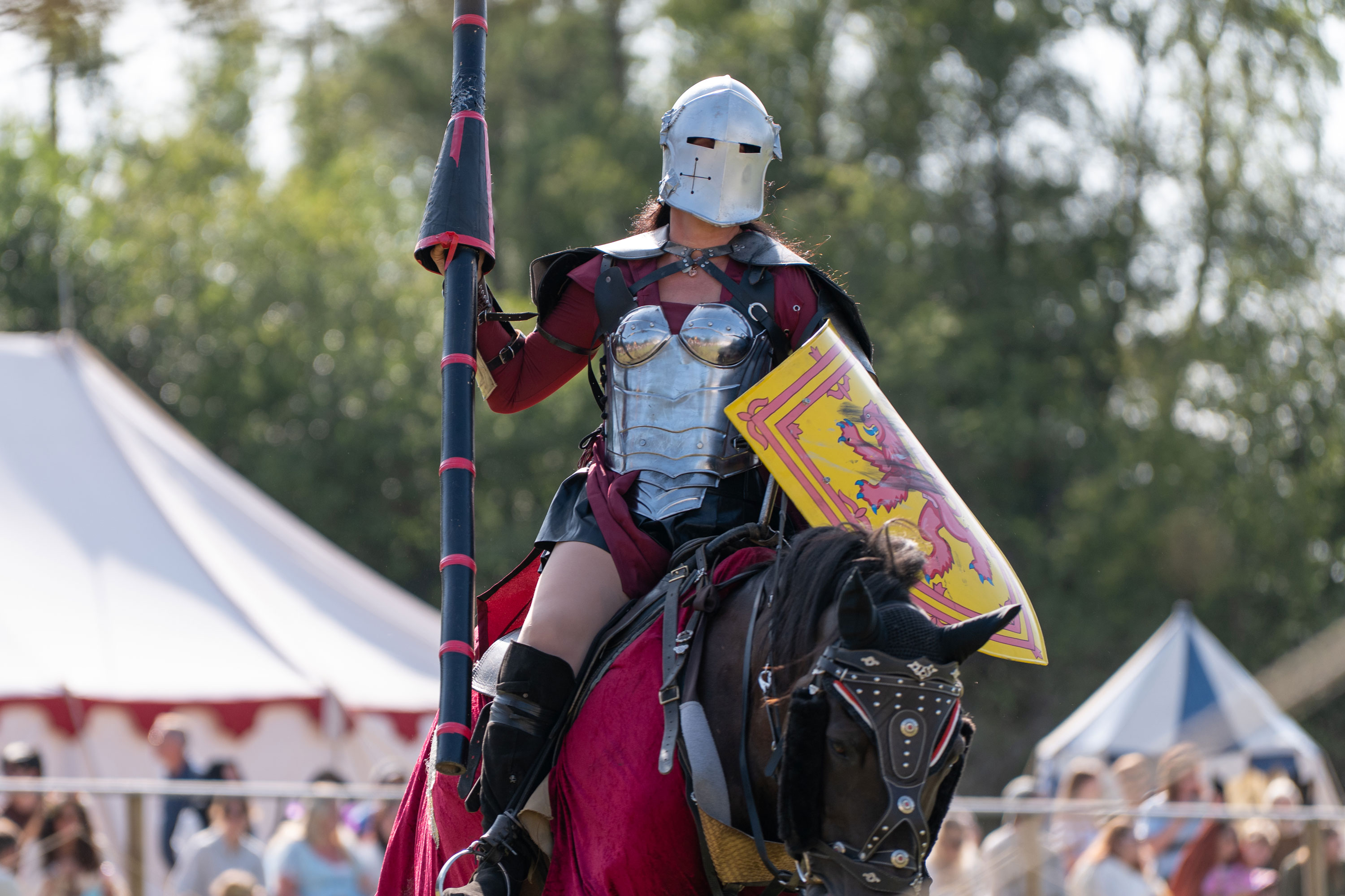 A person in a knight’s costume holding a shield on horseback. In the background, a crowd looks on as the person prepares for battle.