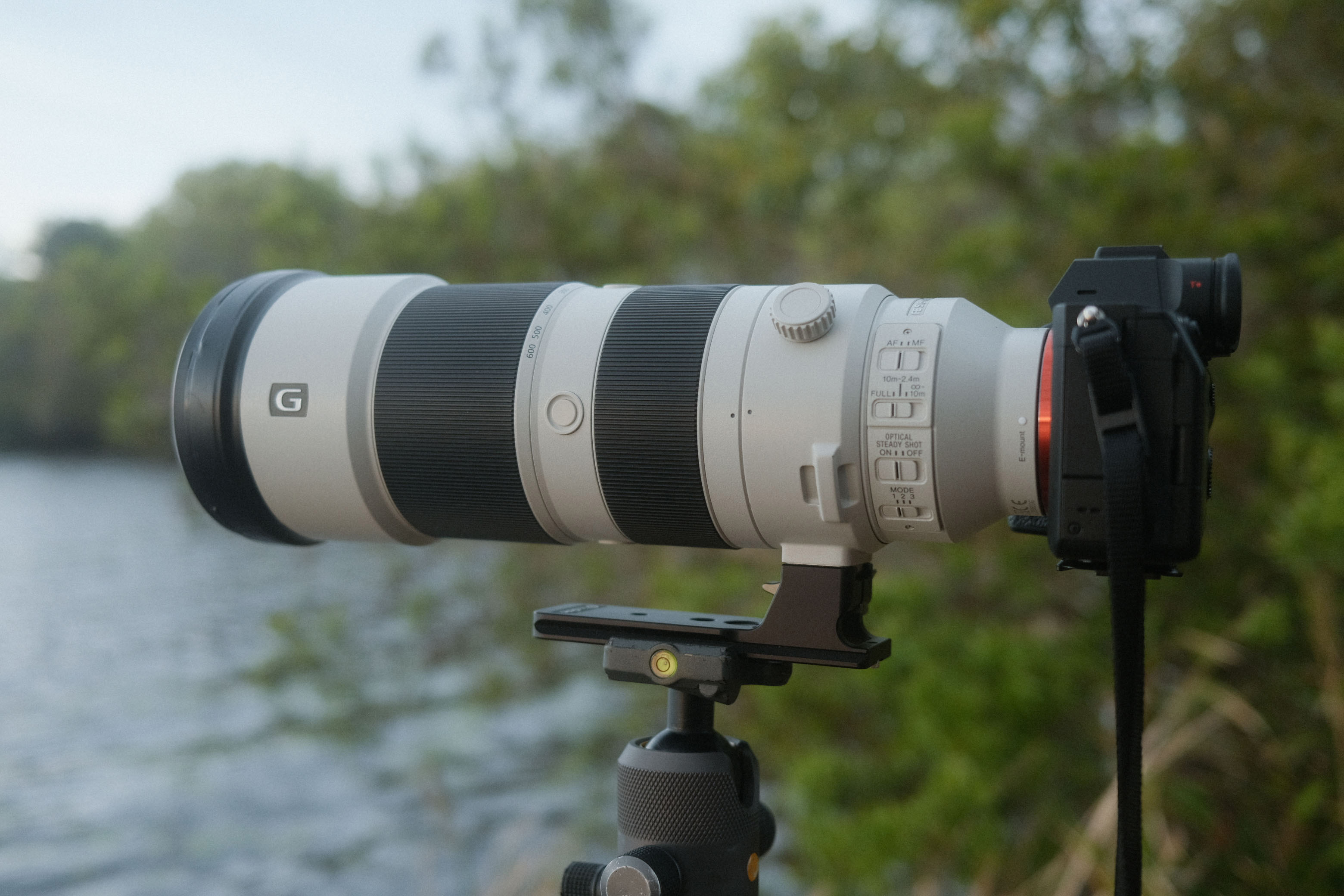 Photo of Sony A7 IV on a tripod in front of the water with a 200-600mm lens.

