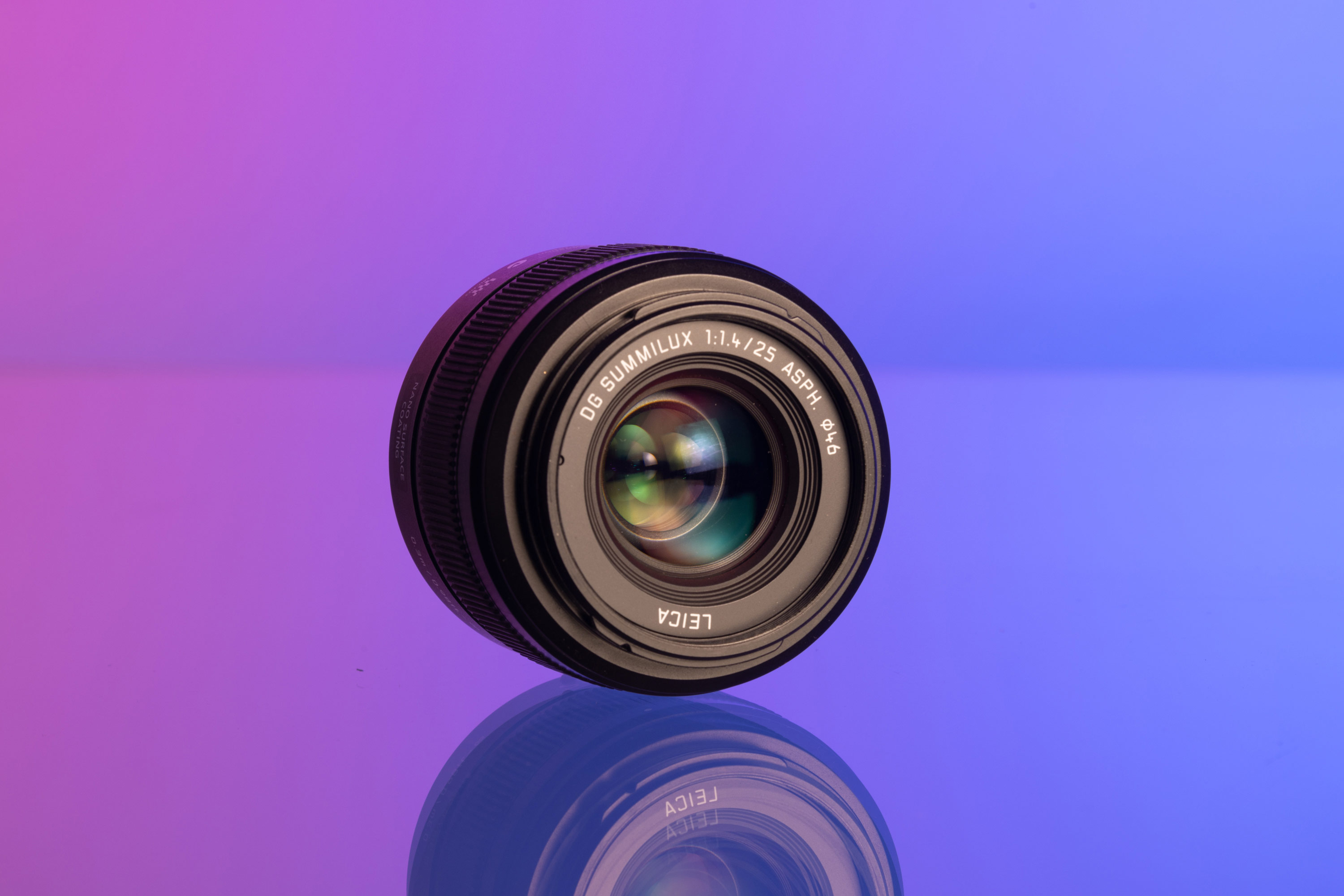 Panasonic Lumix G 25mm f/1.7 ASPH lens on a purple and blue background
