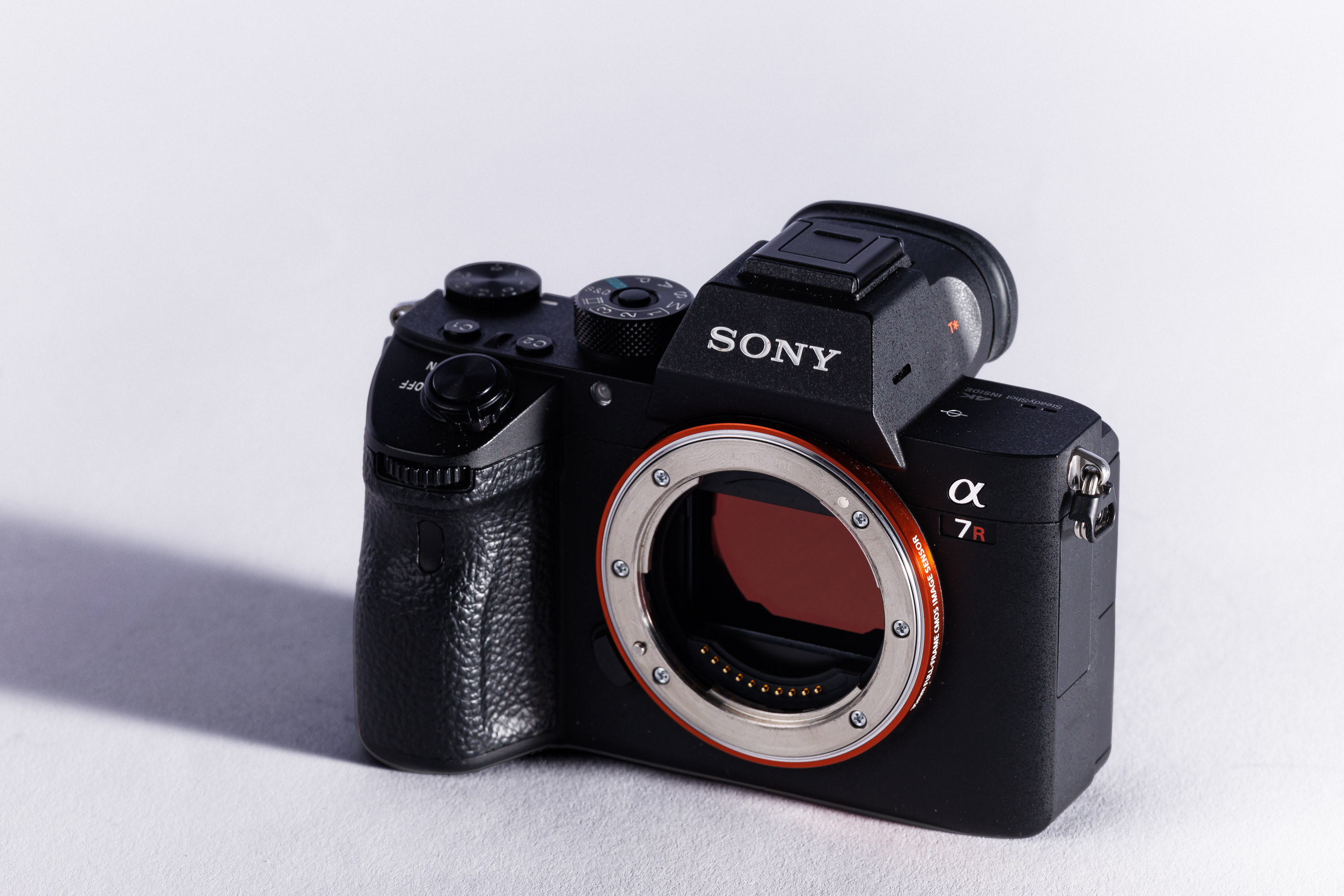A used Sony A7R III body on a white background, with a shadow to the left. 