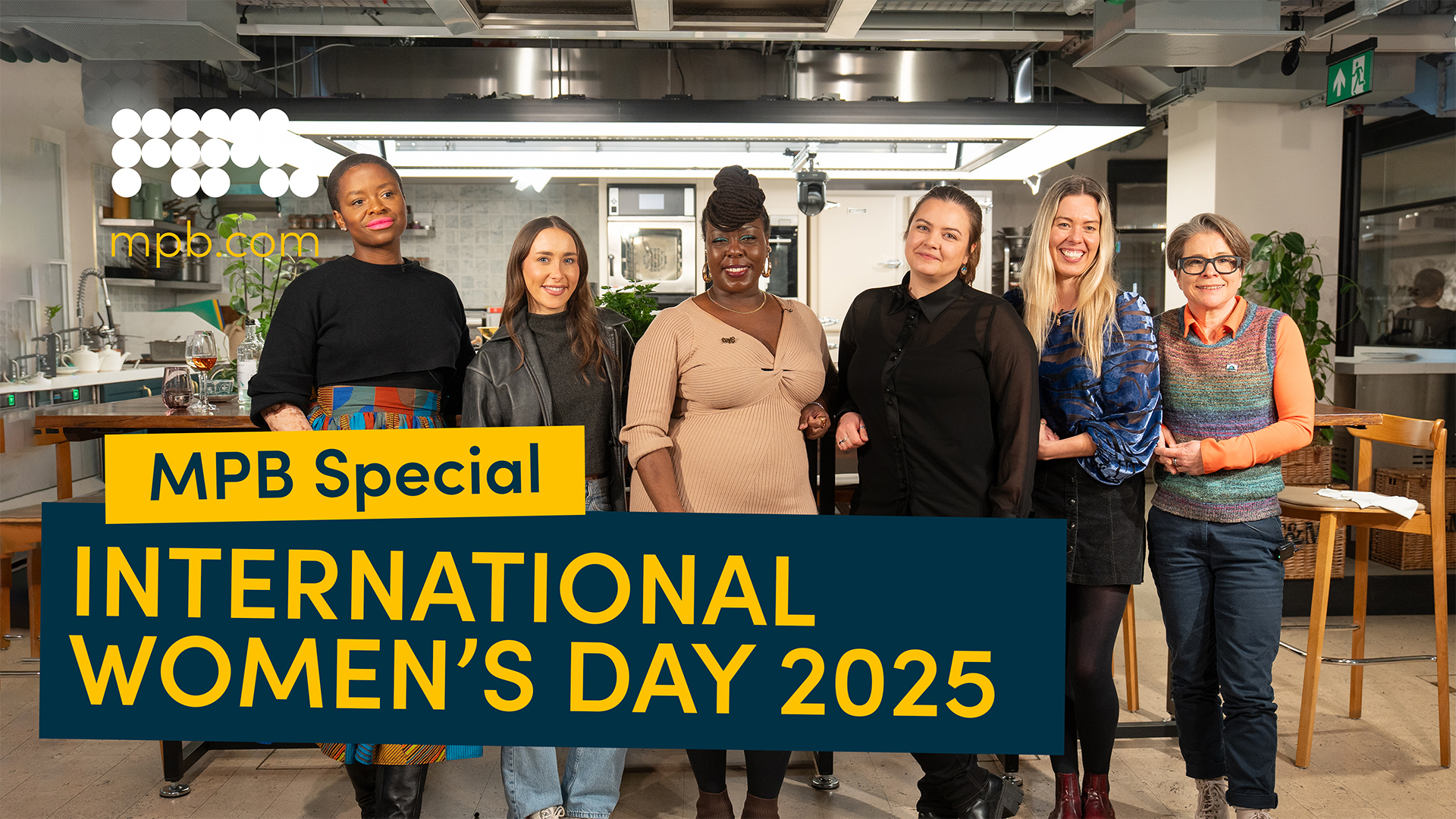 Violeta Sofia, Jenny Alice, Laylah Amatullah Barrayn, Amy Moore, Libby Penman and Angela Nicholson at London’s Fortnum & Mason for a panel discussion, overlaid text: “MPB Special: International Women’s Day 2025”