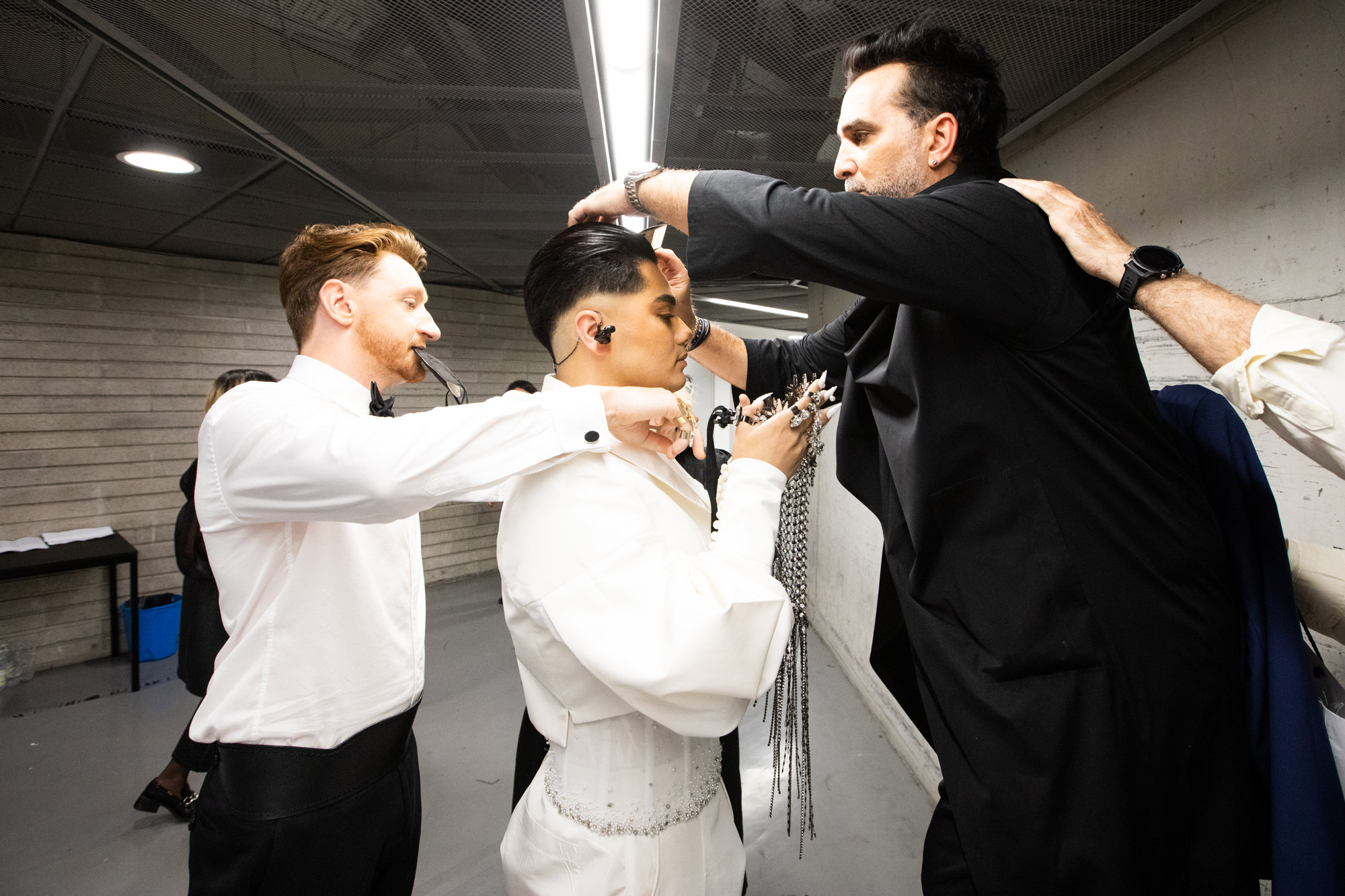 A performer prepares backstage at Eurovision.