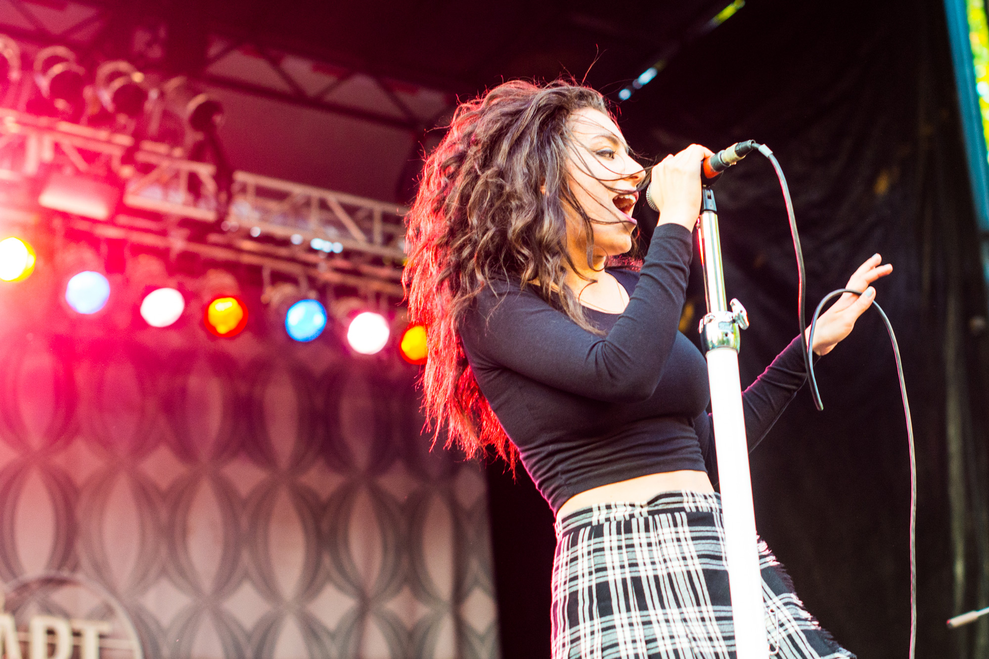 Charli XCX on stage singing into microphone with stage lights in the background, photo taken by photographer James Joiner