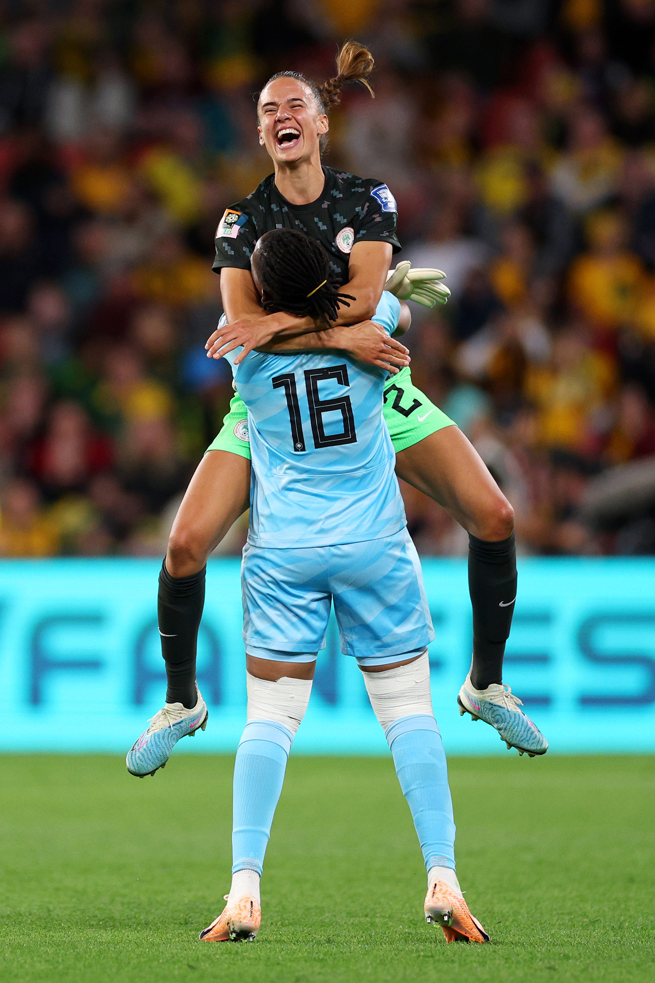 Chiamaka Nnadozie and Ashleigh Plumptre of Nigeria celebrate the team's goal during FIFA Women's World Cup Australia & New Zealand 2023 Group B match between Australia and Nigeria. Photo by Elsa Garrison on a Canon EOS R3.