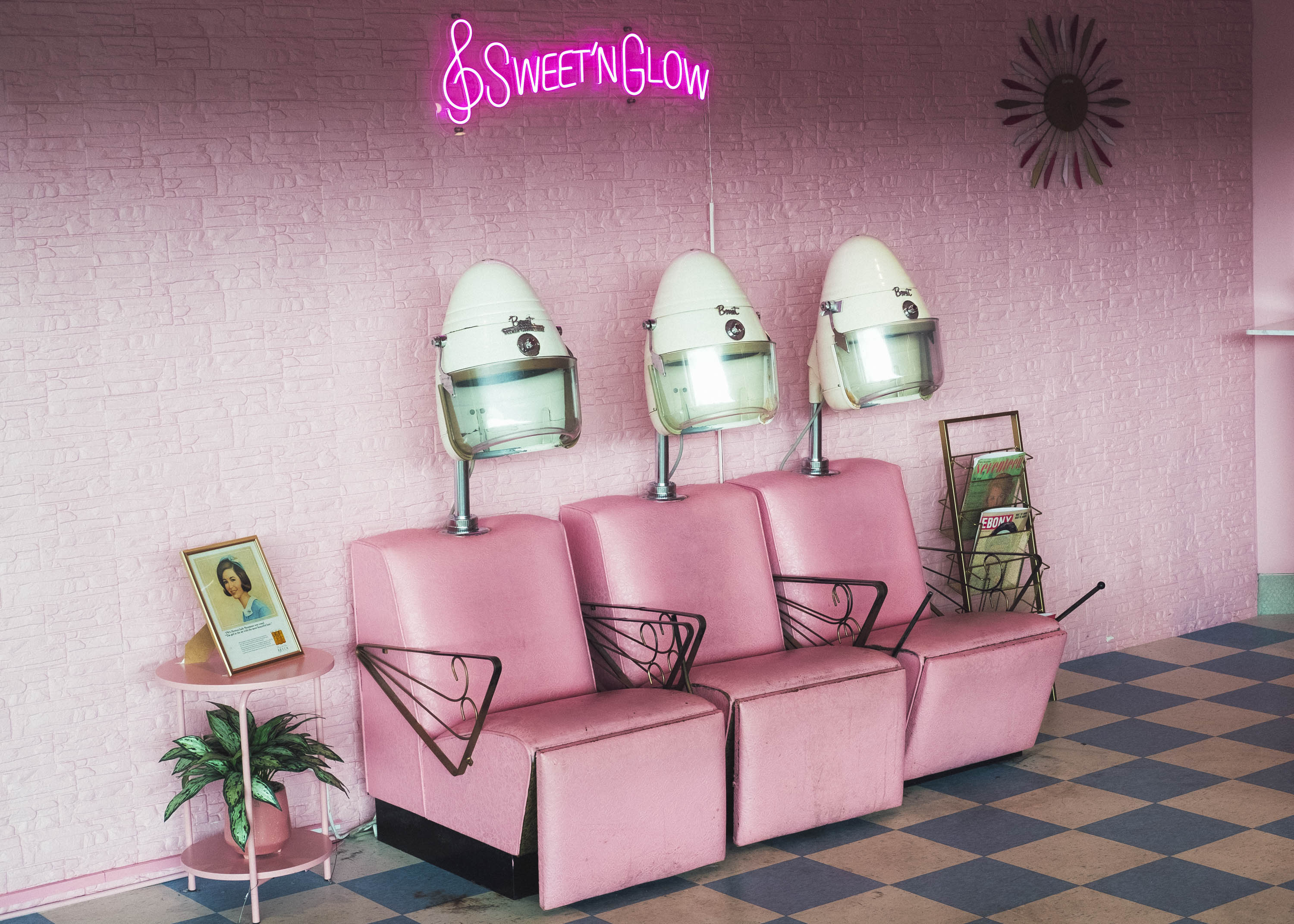The bright pink retro style ‘Sweet’N’Glow’ hair salon at TWA Hotel in JFK Airport, New York. Shot on the X-Pro 3 by Ian Howorth. 

