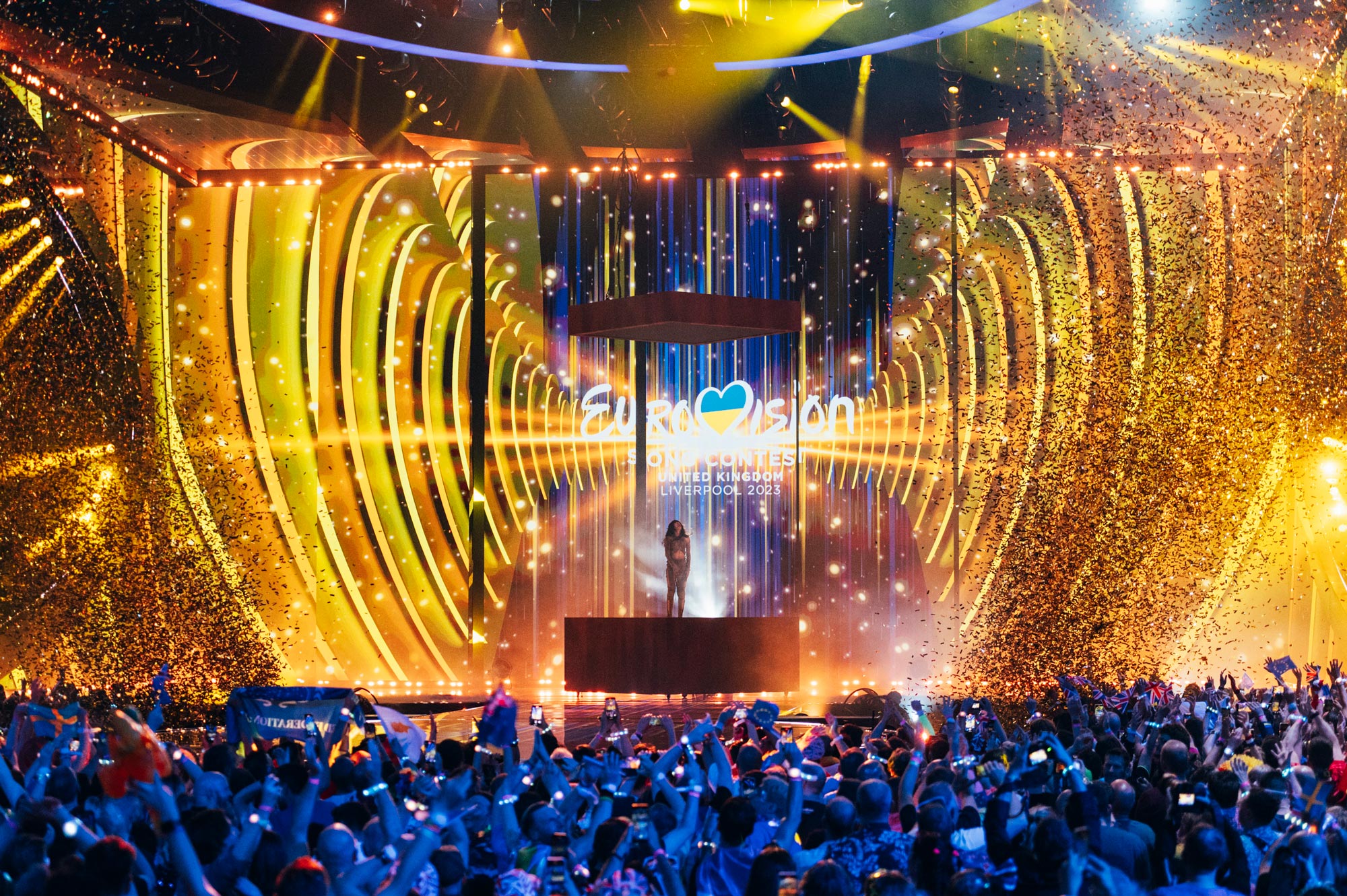 Loreen on stage at Eurovision 2023, surrounded by confetti, shot by Sarah Louise Bennett with the Nikon Z6 II.