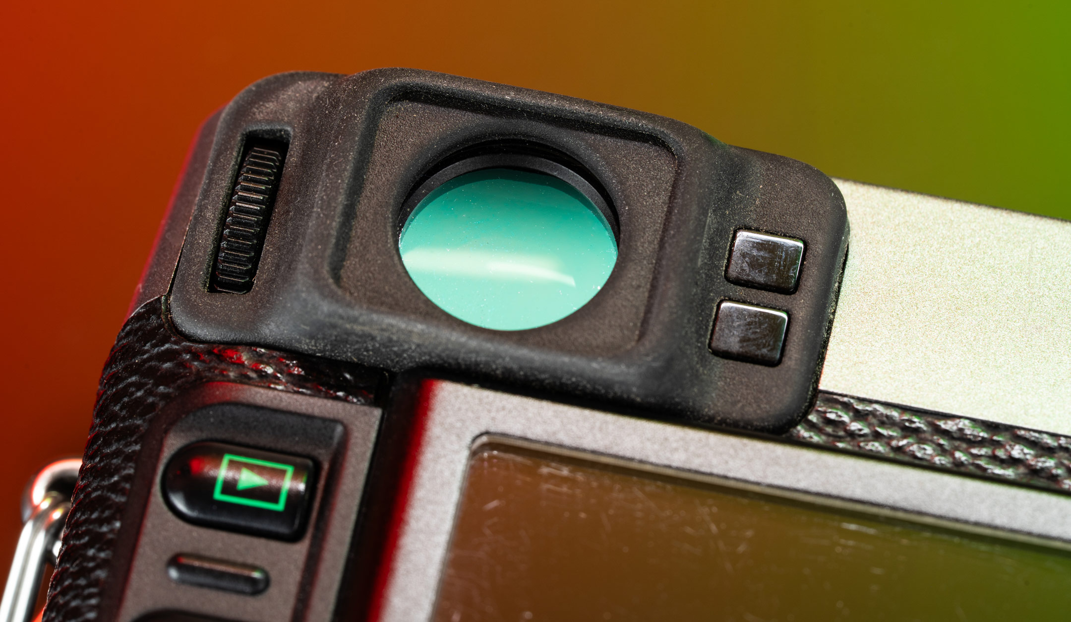 A close-up of the hybrid viewfinder on the Fujifilm X100