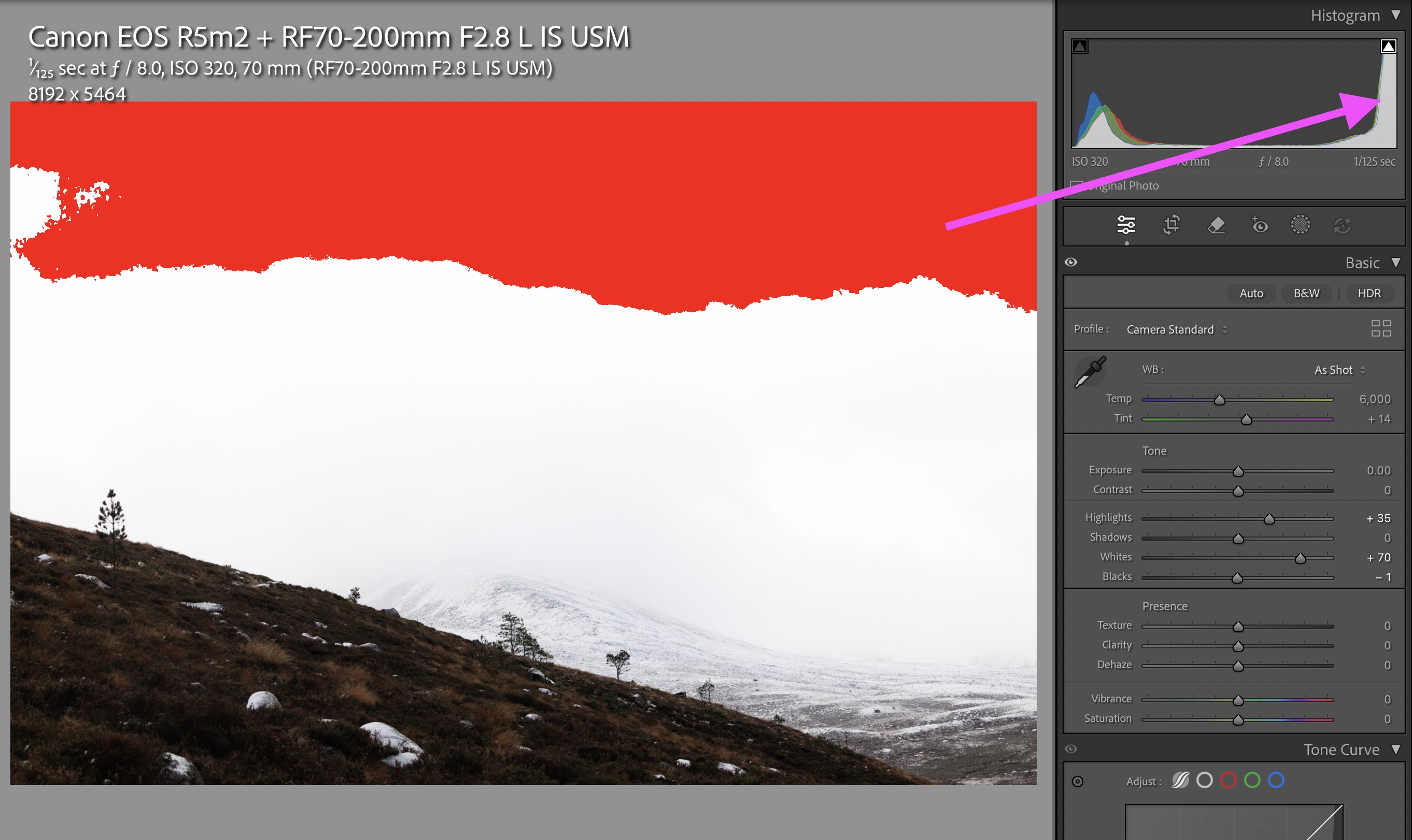 Screenshot of Lightroom Classic showing the red clipping feature
