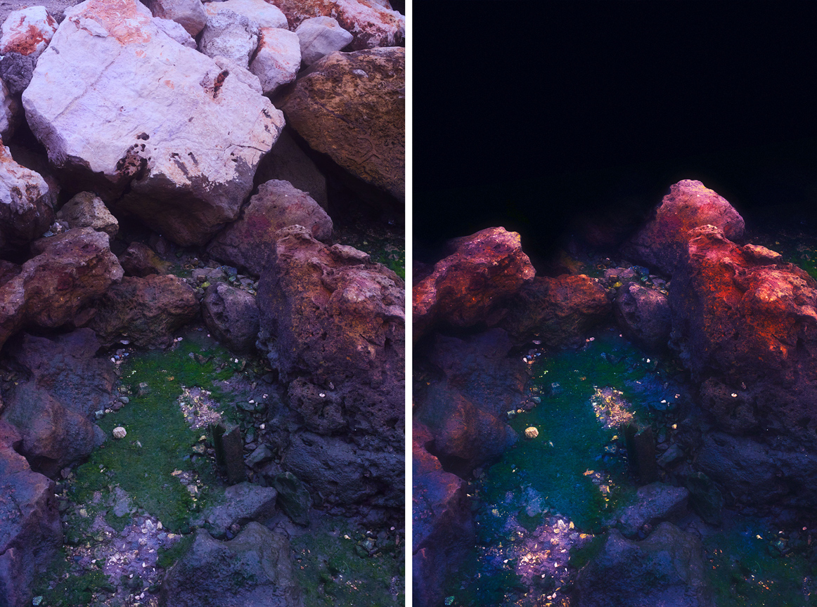 Two images of a rocky landscape photographed from above, on the left before editing, on the right after, shot and edited by Steph O'Connor
