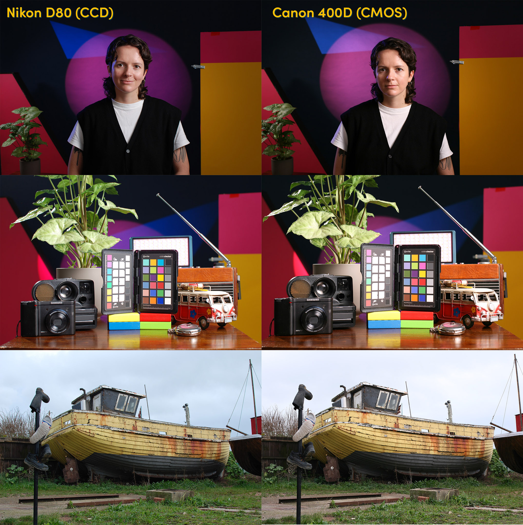 Sechs Bilder, die die Farbwiedergabe der Nikon D80 und der Canon 400D zeigen