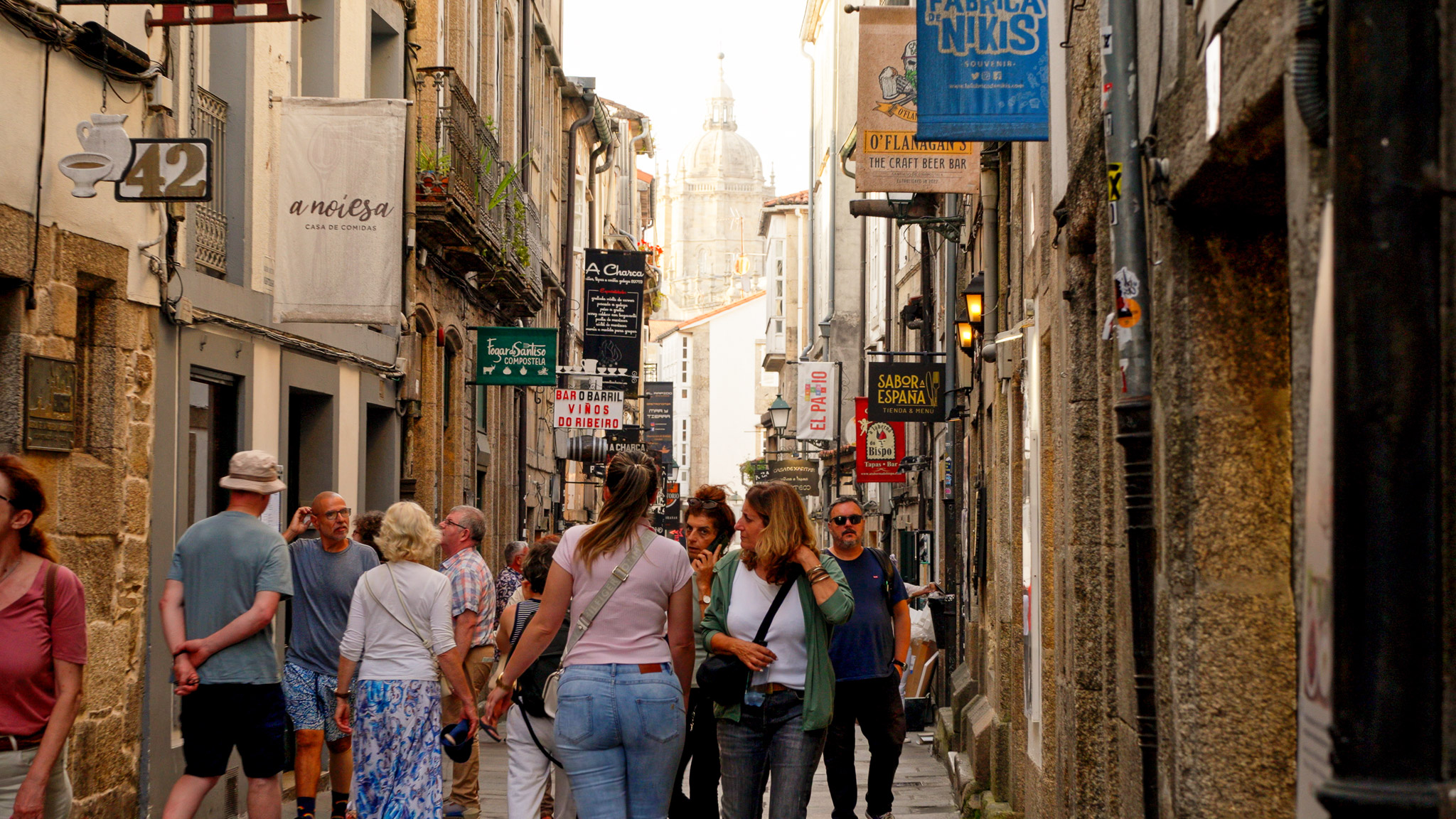 A frame grab from Sony A7C II showing a bustling street in Santiago, Spain. Taken by Connor Redmond on the Sony A7C II.

