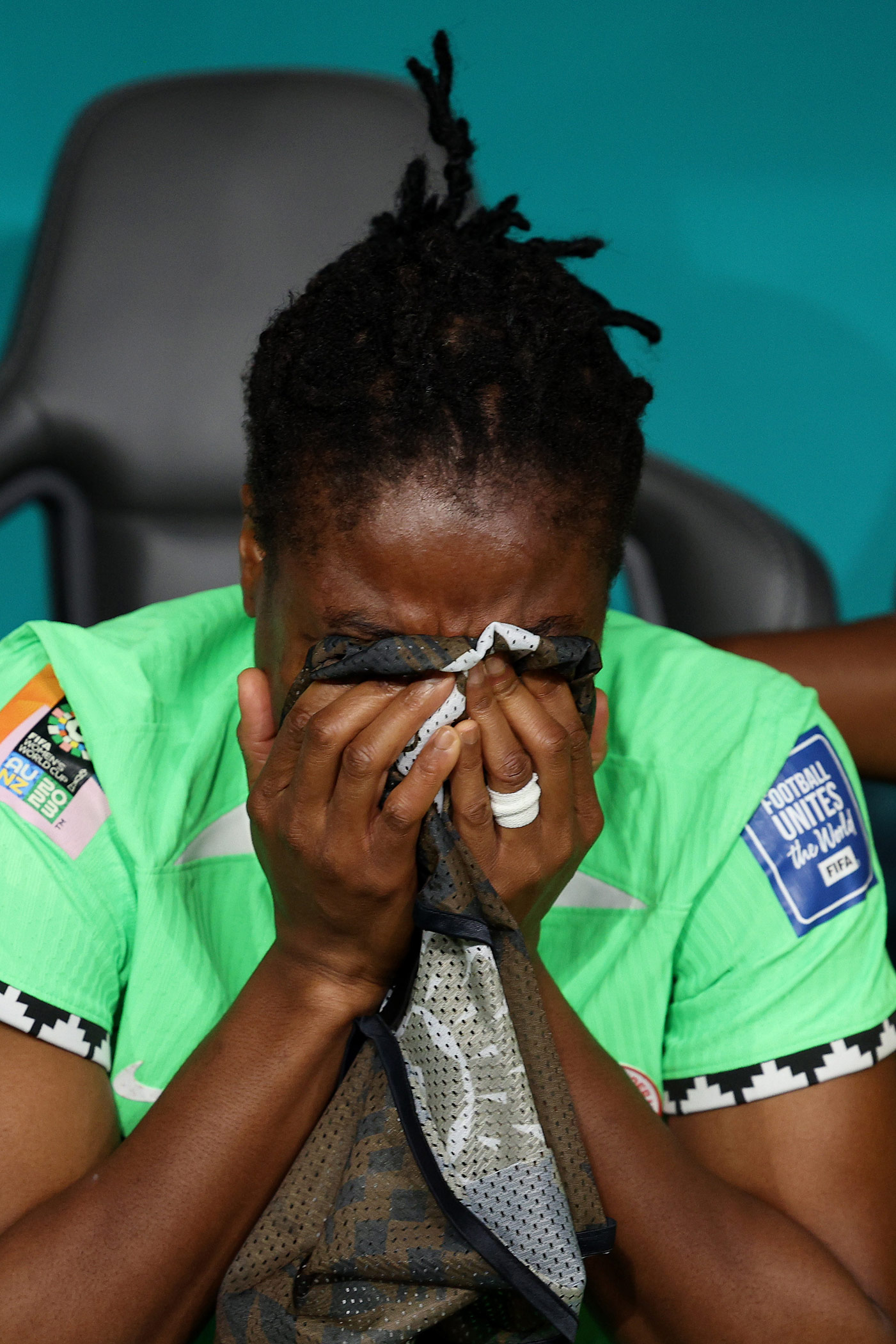 Desire Oparanozie of Nigeria shows dejection after her team's defeat through the penalty shoot out in the FIFA Women's World Cup Australia & New Zealand 2023. Photo by Elsa Garrison on a Canon EOS R3.
