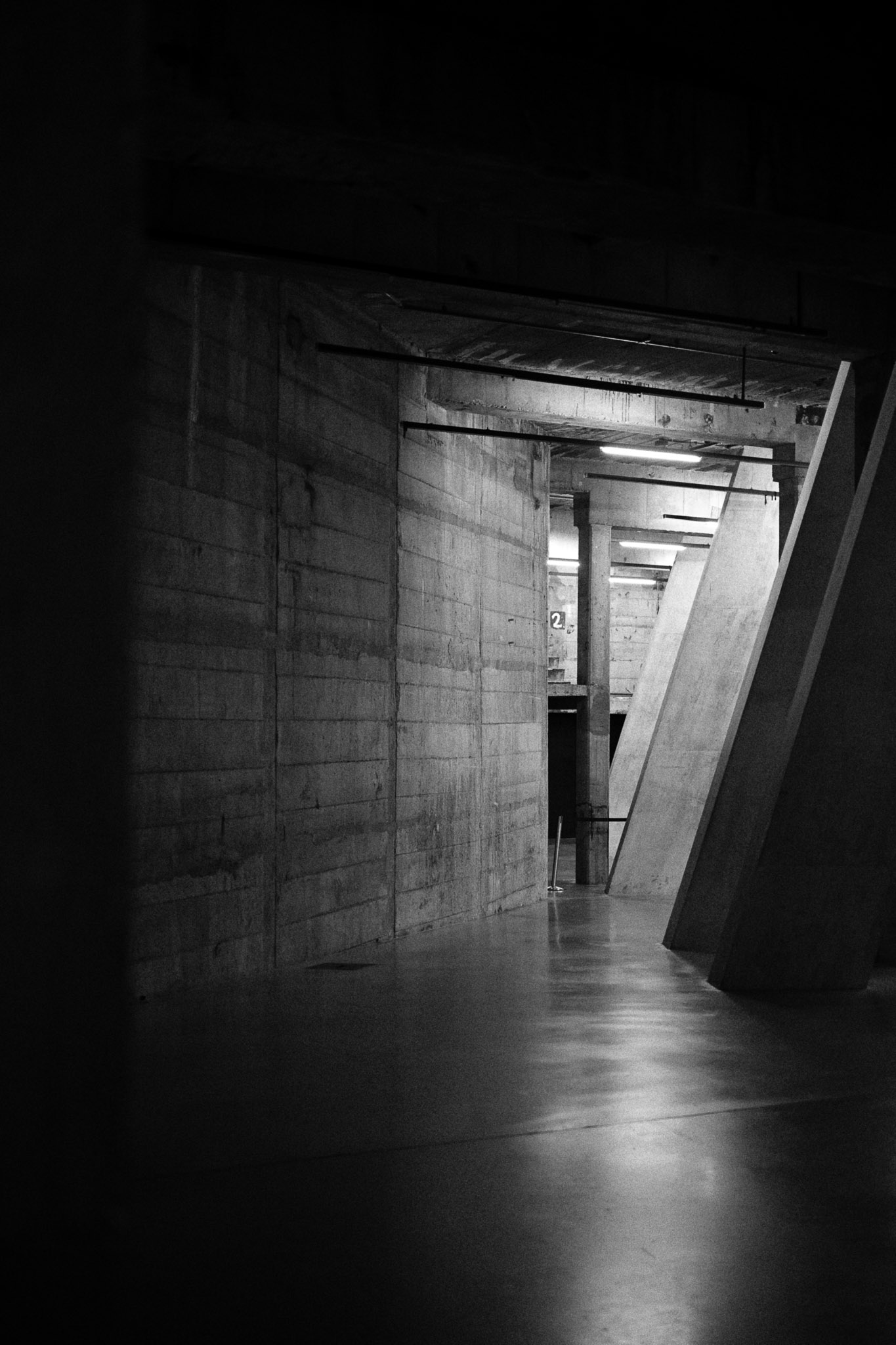 Black and white architectural interior with concrete pillars and contrasty lighting, photographed with the Nikon Zf to demonstrate the film style grain feature, by Jakub Golis.