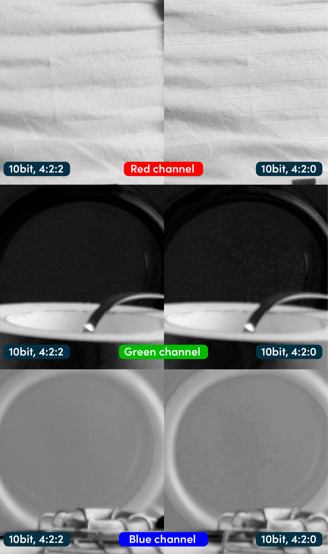 Comparaison montrant les différences entre les canaux rouge, vert et bleu en 4:2:2 et 4:2:0