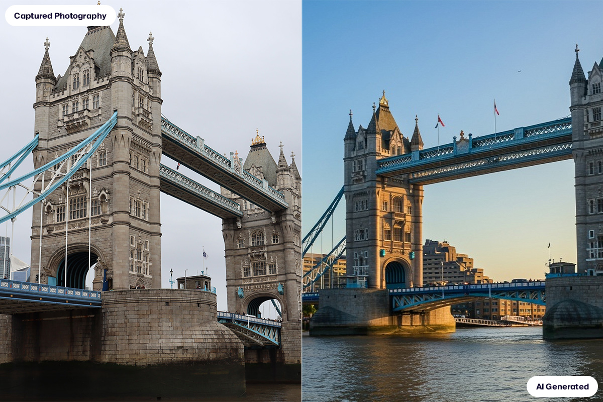Two photos of London’s Tower Bridge, one is a real photo and the other is AI-generated.