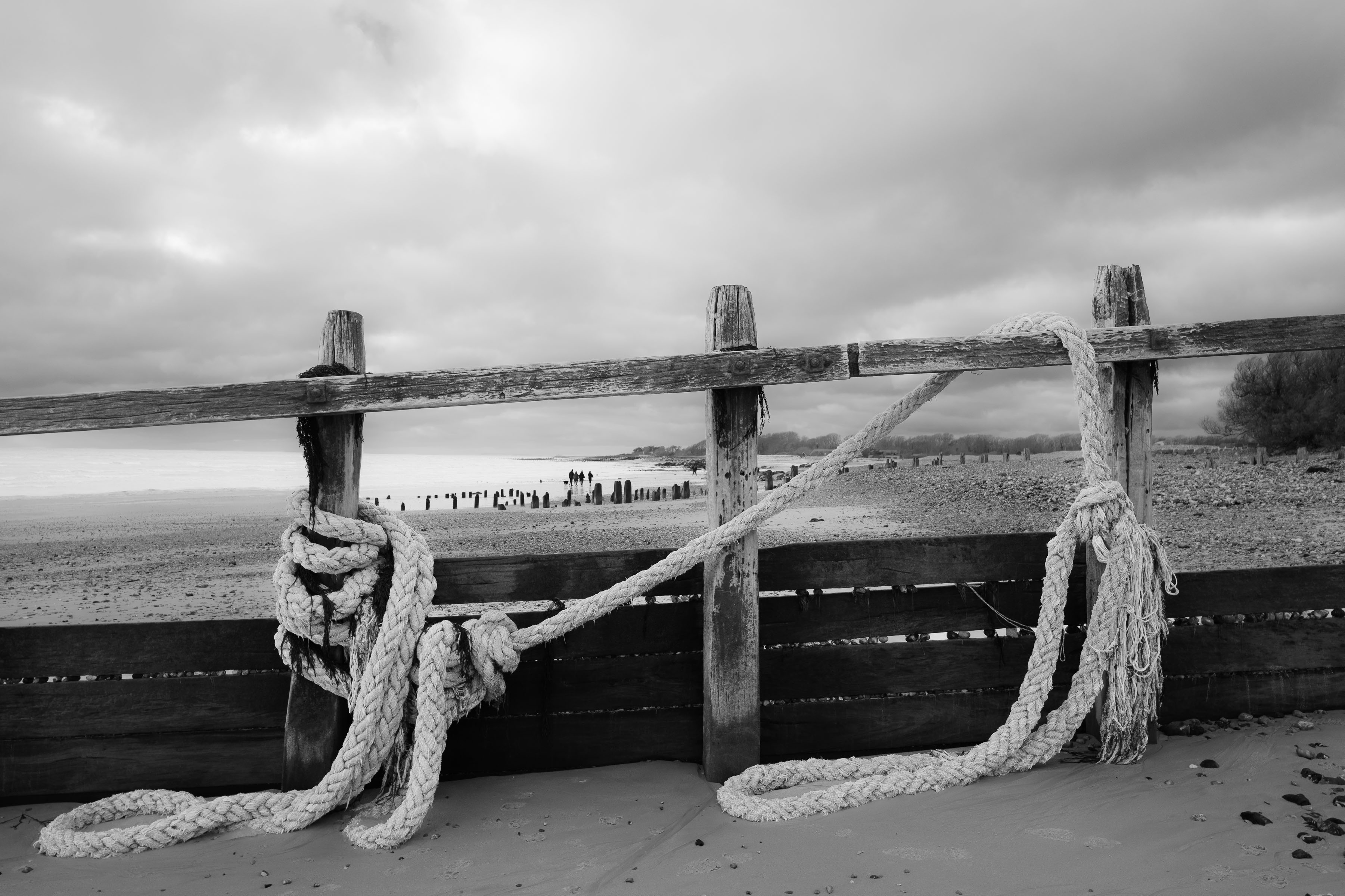 Schwarz-Weiß-Aufnahme bei weichem, bedecktem Licht an der Küste, die verwitterte hölzerne Buhnen und aufgerollte Seile entlang eines ruhigen Strandes zeigt. Aufgenommen mit einer Ricoh GR IV.