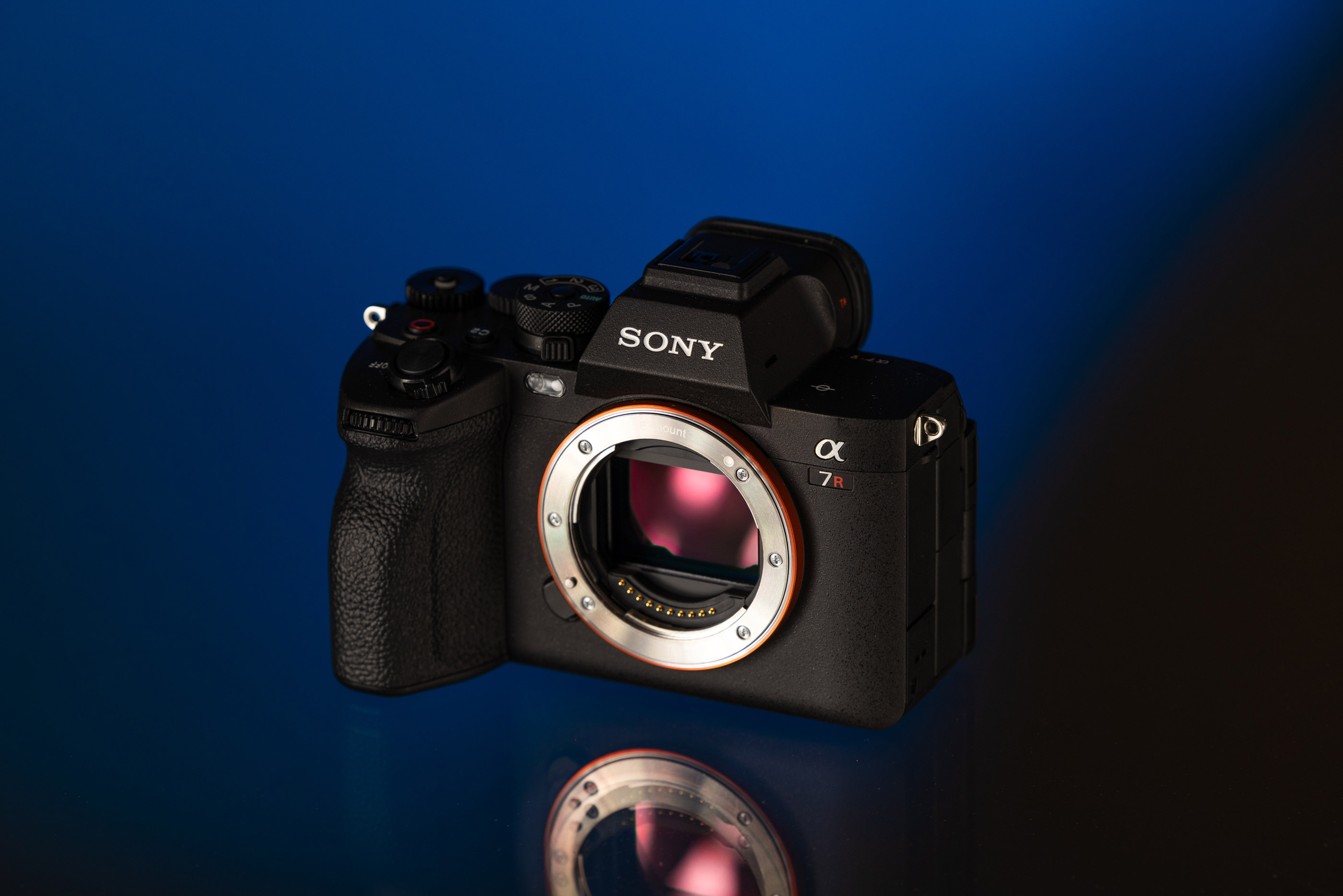 Sony A7R V on a blue and black background.