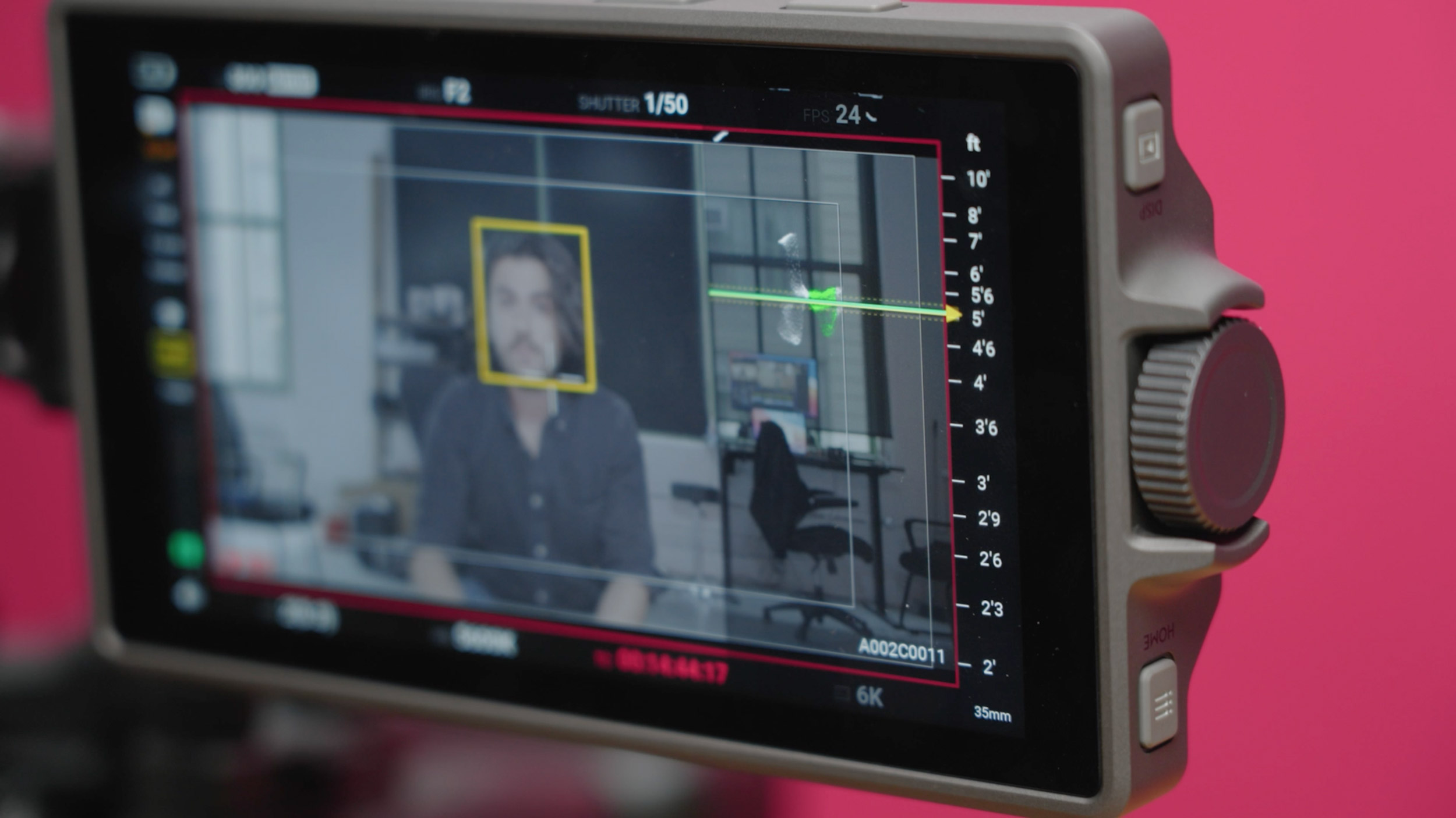 The built-in depth meter displayed on the monitor of the DJI Ronin 4D