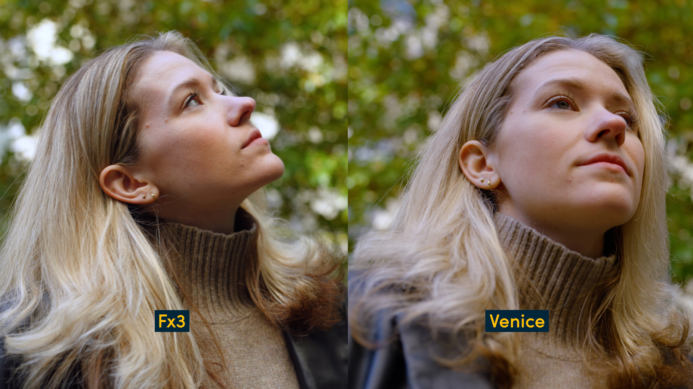 Comparison shot of Sony Fx3 and VENICE with woman looking up out of frame with a green background