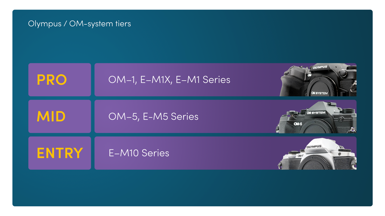 Infographic met de verschillende niveaus van het Olympus / OM-systeem