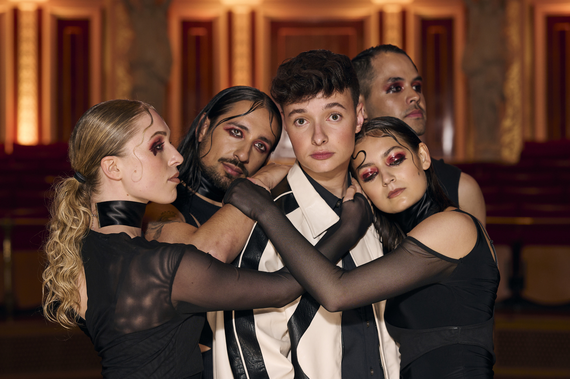 A performer with four dancers, backstage at Eurovision 2023. Shot by Sarah Louise Bennett with the Nikon Z6 II.