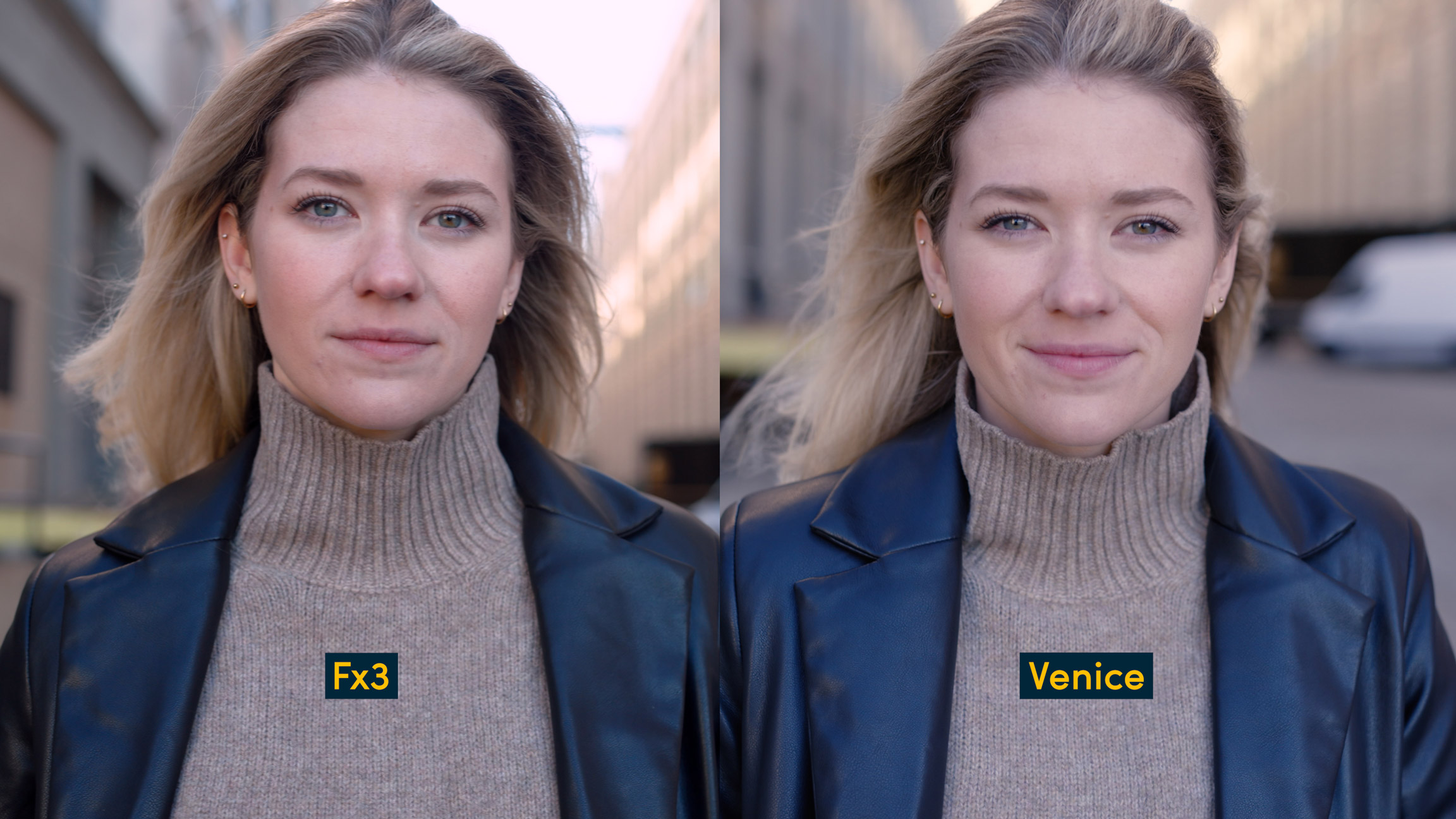 Comparison shot of Fx3 and Venice with person looking directly into camera and buildings in the background