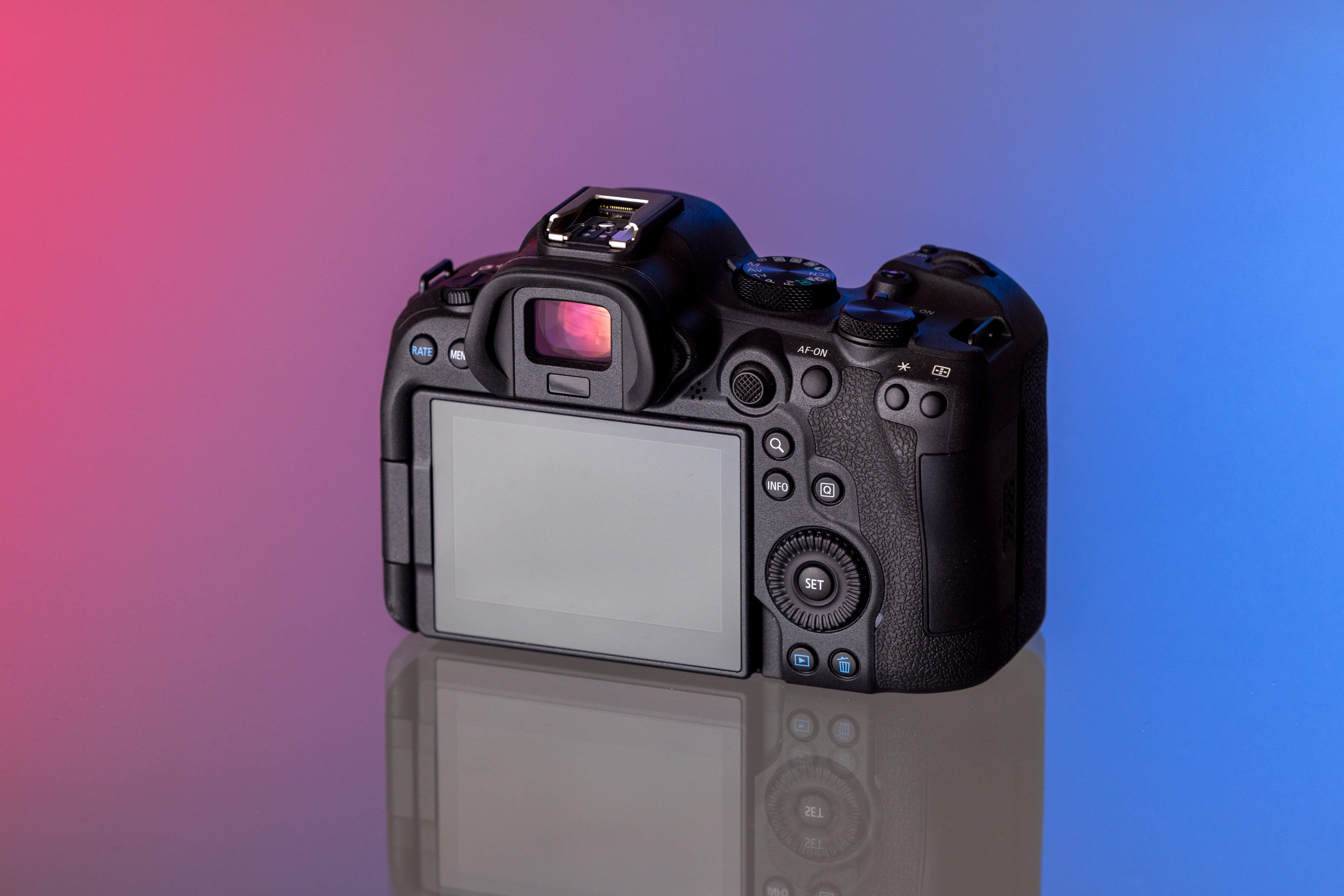 Le dos d'un appareil photo Canon EOS R6 Mark ii sur un fond de studio rose et bleu.