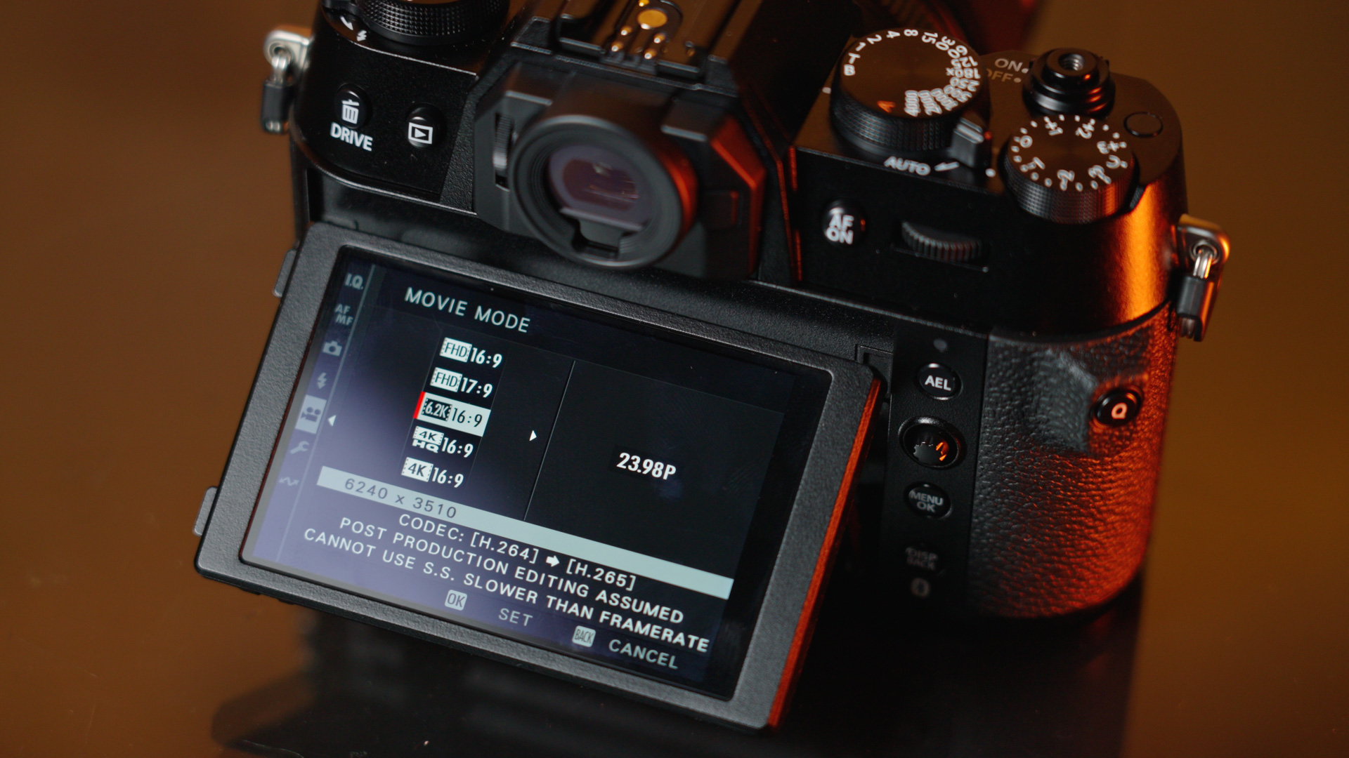 A photo of the Fujifilm X-T50’s back screen showing the various movie modes 