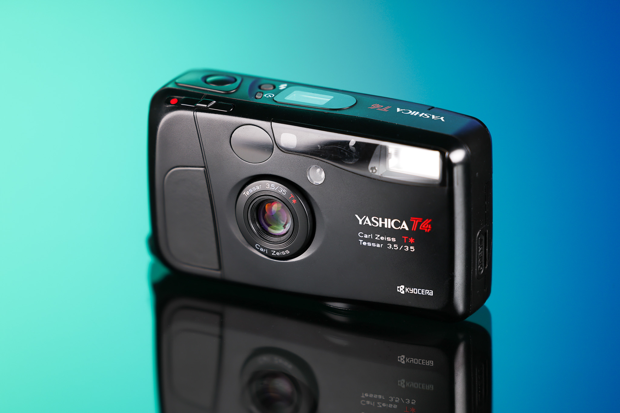 Used Yashica T4 on an aqua and blue background