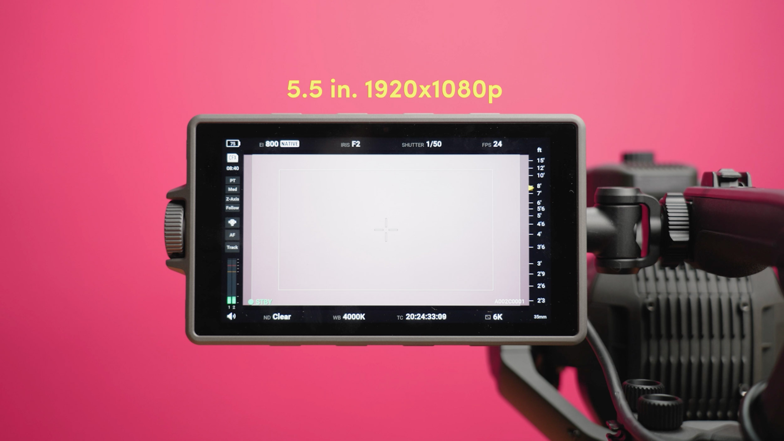 The monitor of the DJI Ronin 4D with overlaid text “5.5 inches, 1920x1080p”
