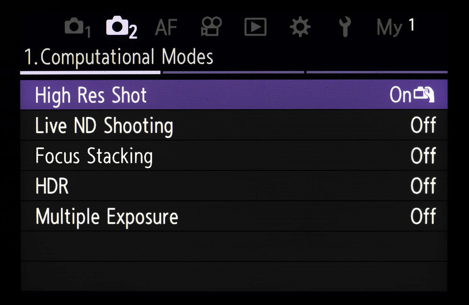 Voorbeeld van menuscherm voor Computational Multi-Shot op het OM-systeem OM-1