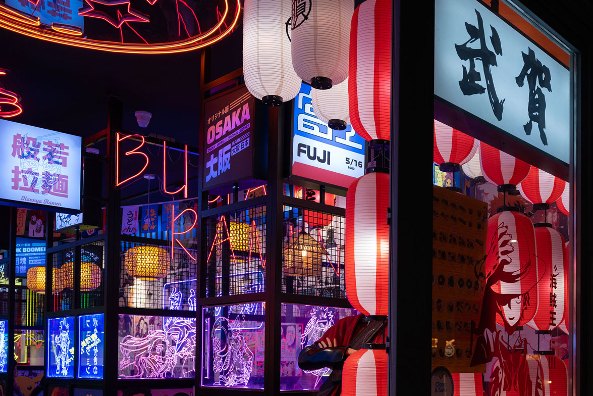 Neon lights in shop front at night. Shot by Amy Moore