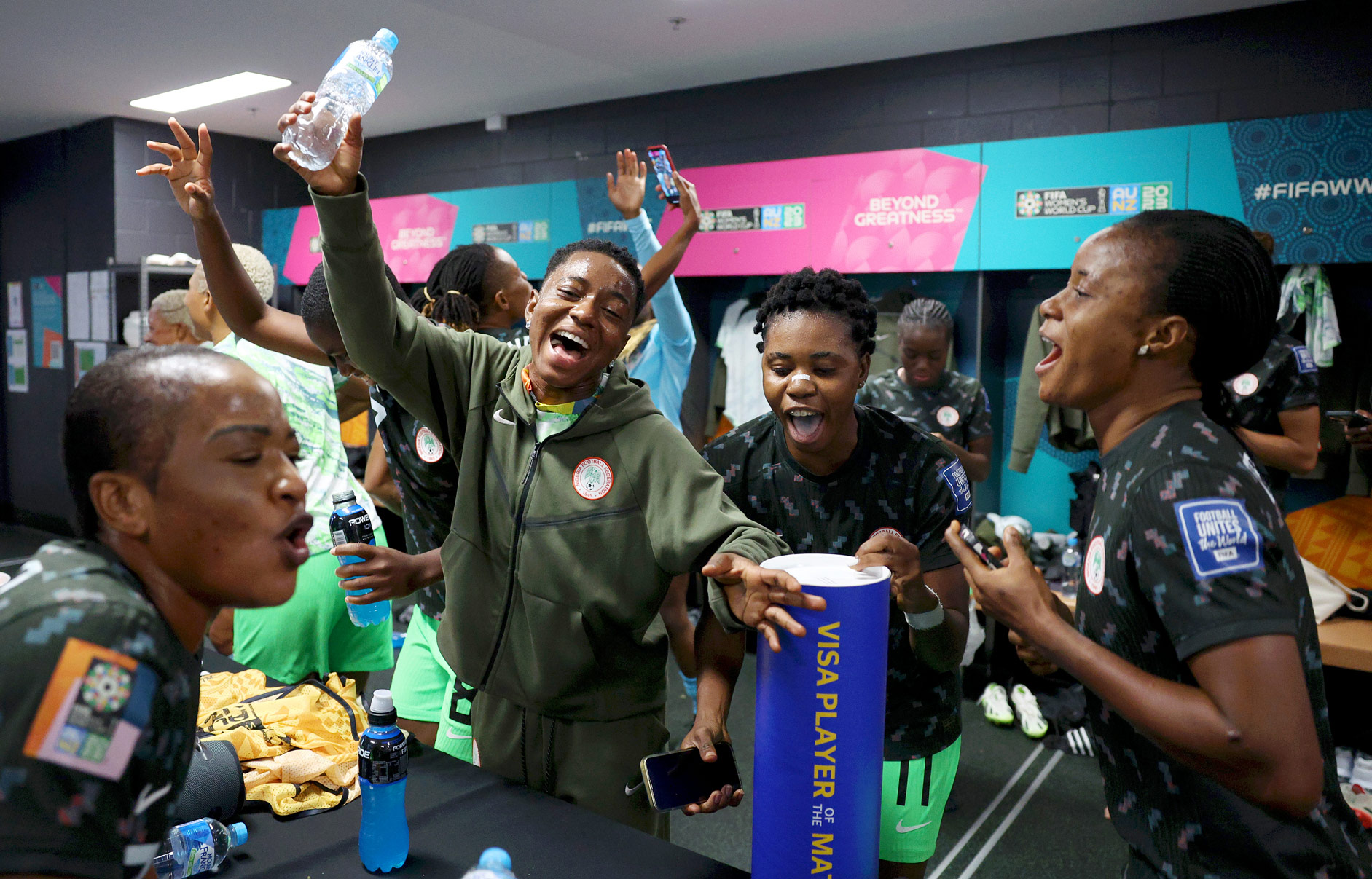 Nigerian players celebrate the team's 3-2 victory in the changing room following the FIFA Women's World Cup Australia & New Zealand 2023 Group B match against Australia. Photo by Elsa Garrison on Canon EOS R3.