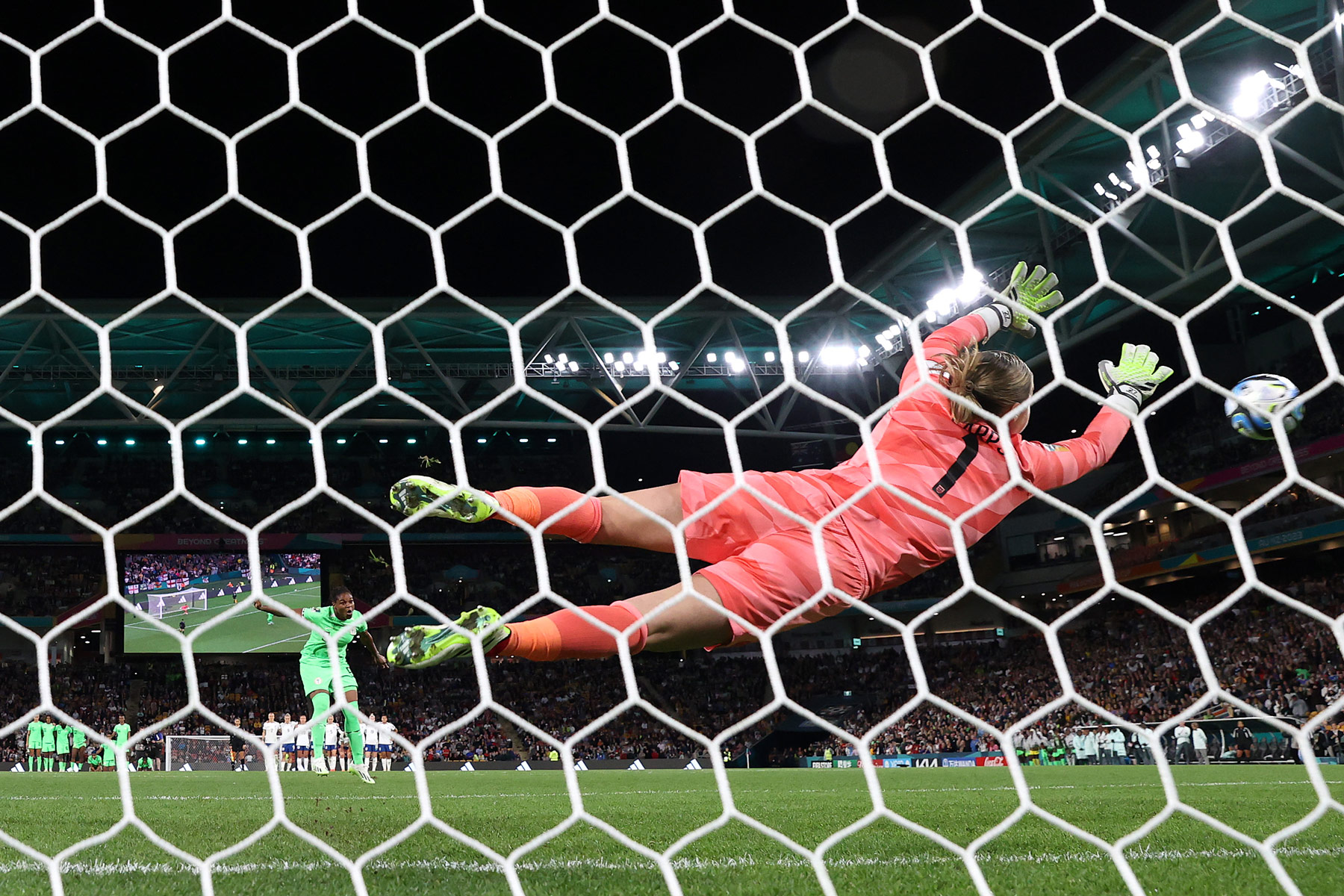 Mary Earps of England dives as Desire Oparanozie of Nigeria misses a penalty kick during a penalty shootout during the FIFA Women’s World Cup Australia & New Zealand 2023. Photo by Elsa Garrison on a Canon EOS 1DX II Mark III.