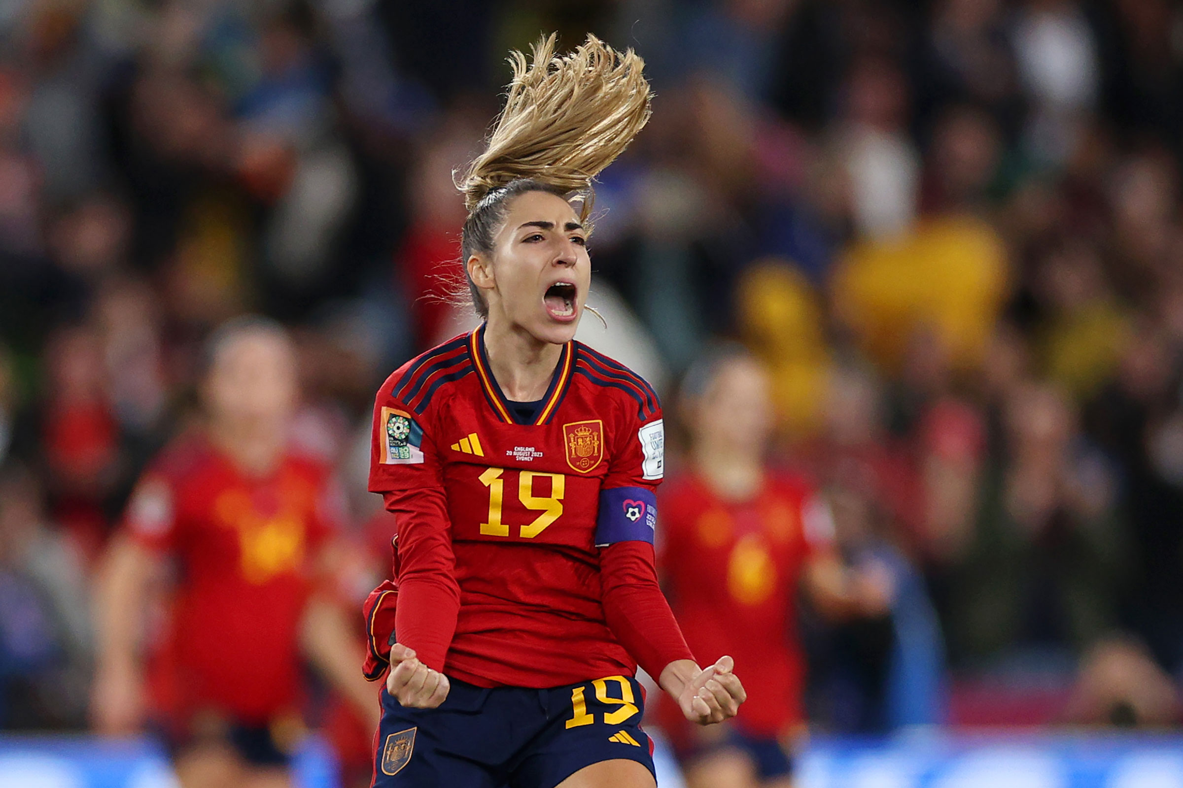 Olga Carmona of Spain celebrates scoring a goal against England during the 2023 FIFA Women’s World Cup finals. Photo by Elsa Garrison.
