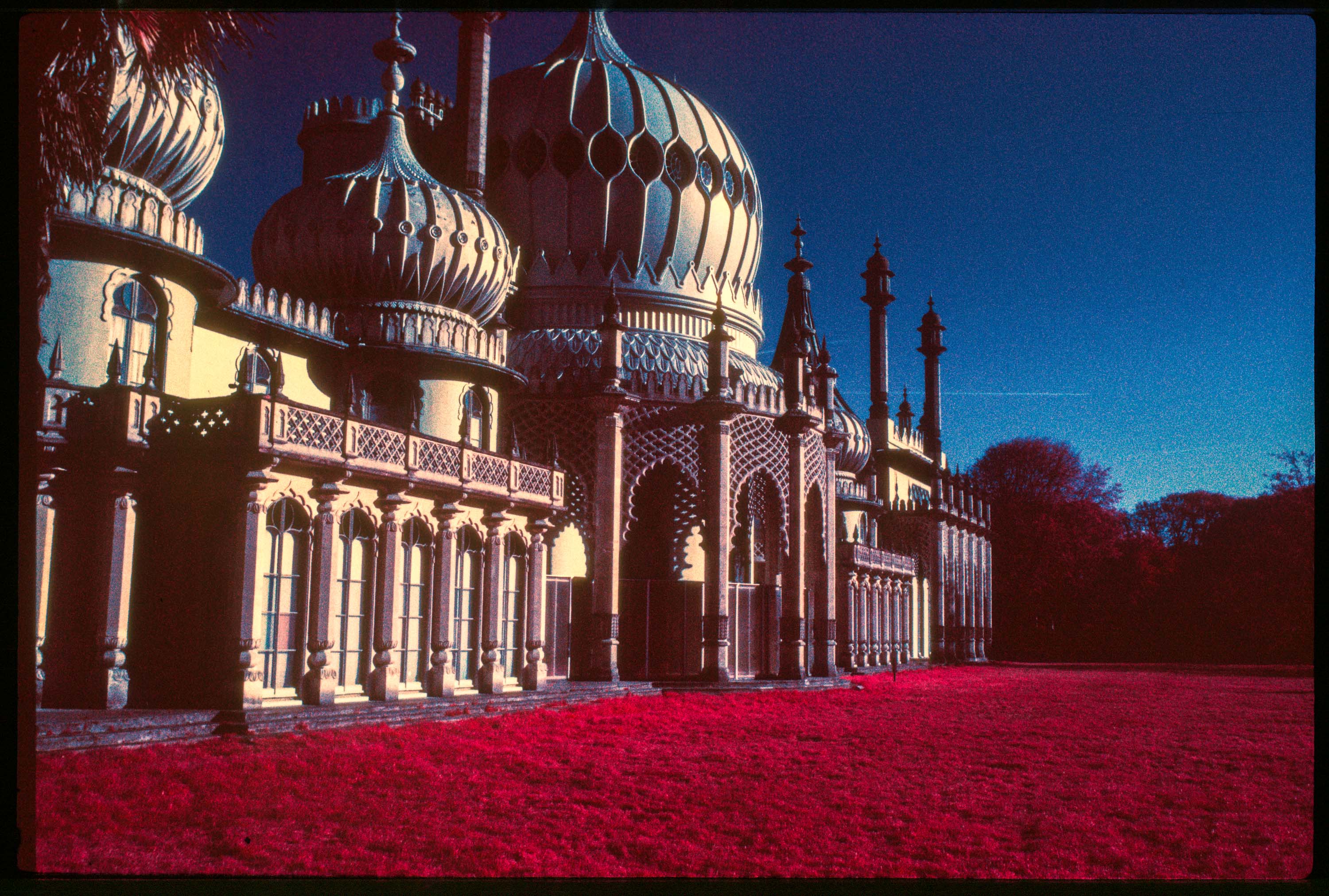 An infrared film photo of Brighton Pavilion surrounded by bright red grass, shot by Ben Anderson on Kodak Aerochrome film