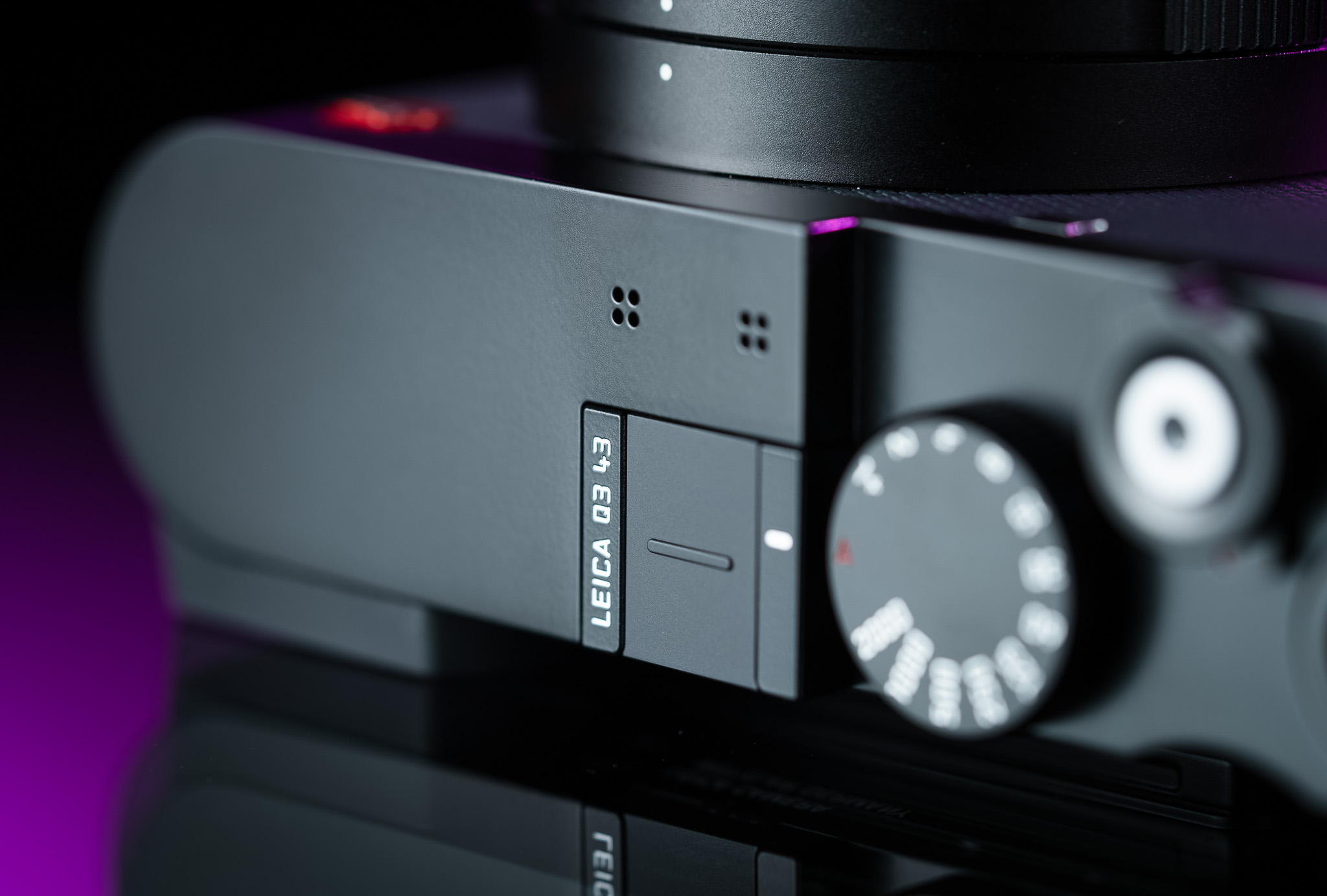 Close-up of the Leica Q3 43 marking on the top of the camera

