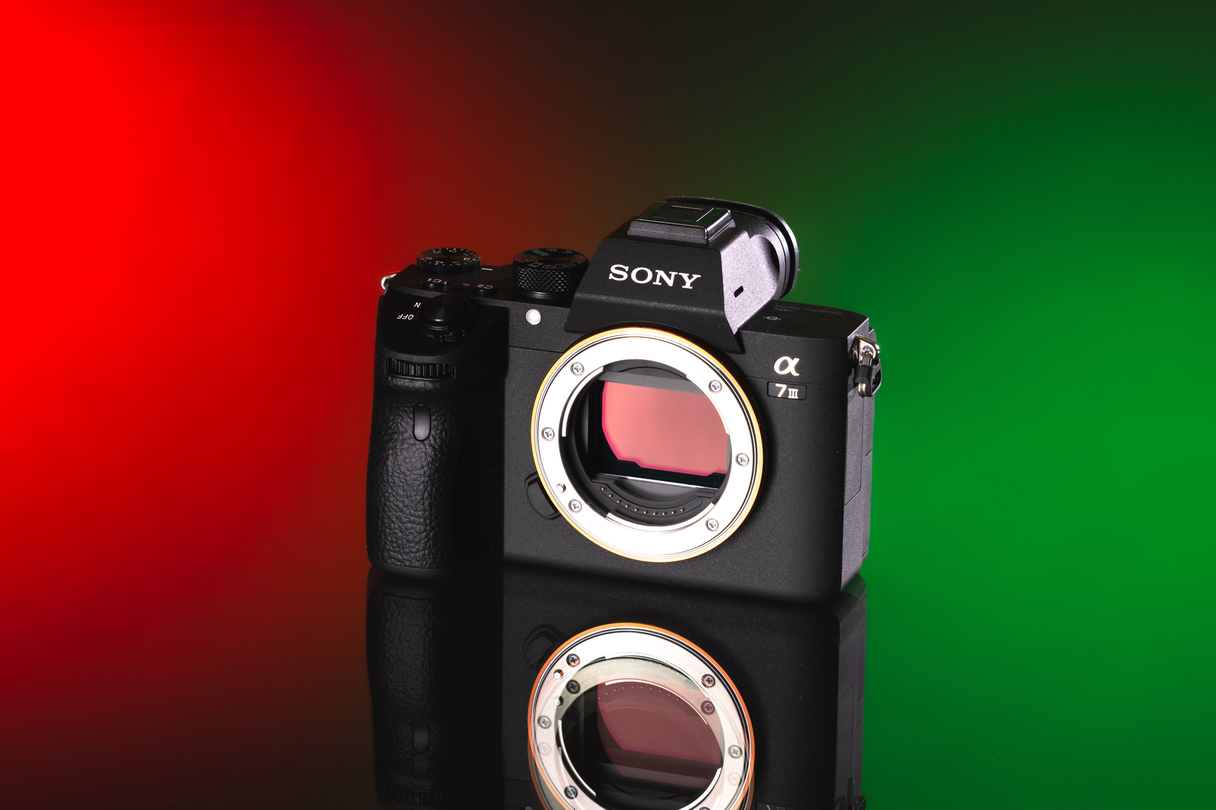 Sony A7 III on a red and green background