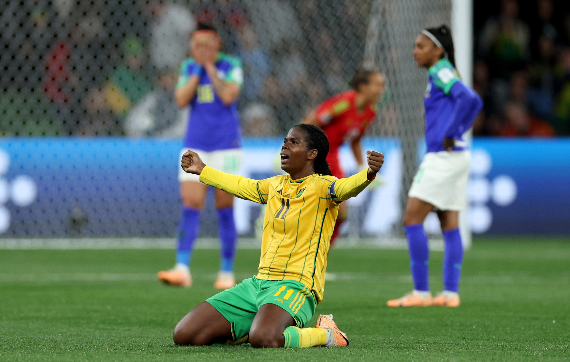 Khadija Shaw of Jamaica celebrates after advancing to the knockout stage of the FIFA Women’s World Cup Australia & New Zealand 2023. Photo by Elsa Garrison on a Canon EOS R3.