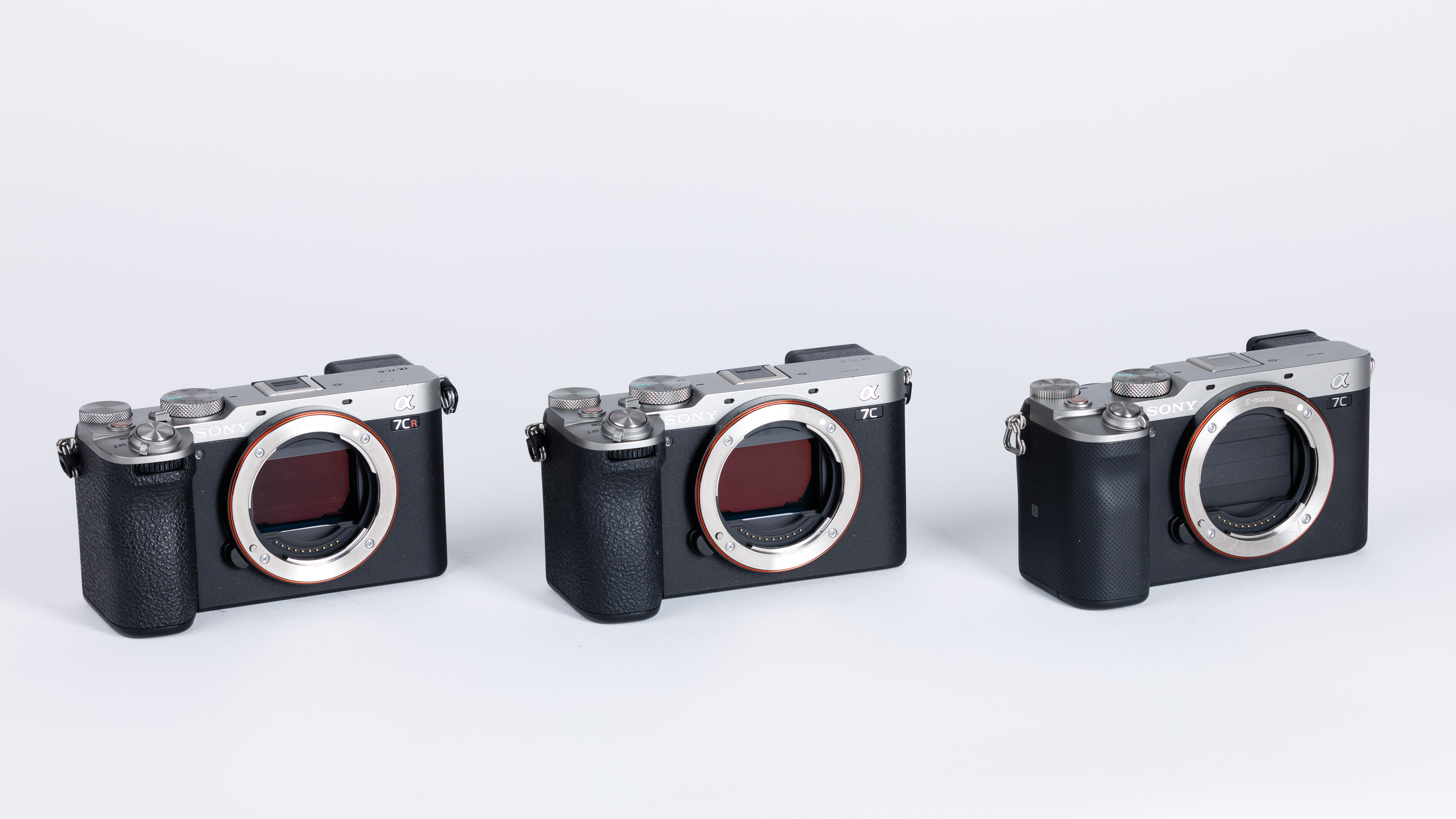 Each camera from the Sony A7C series on a white background. From L-R: A7CR, A7C, A7C 