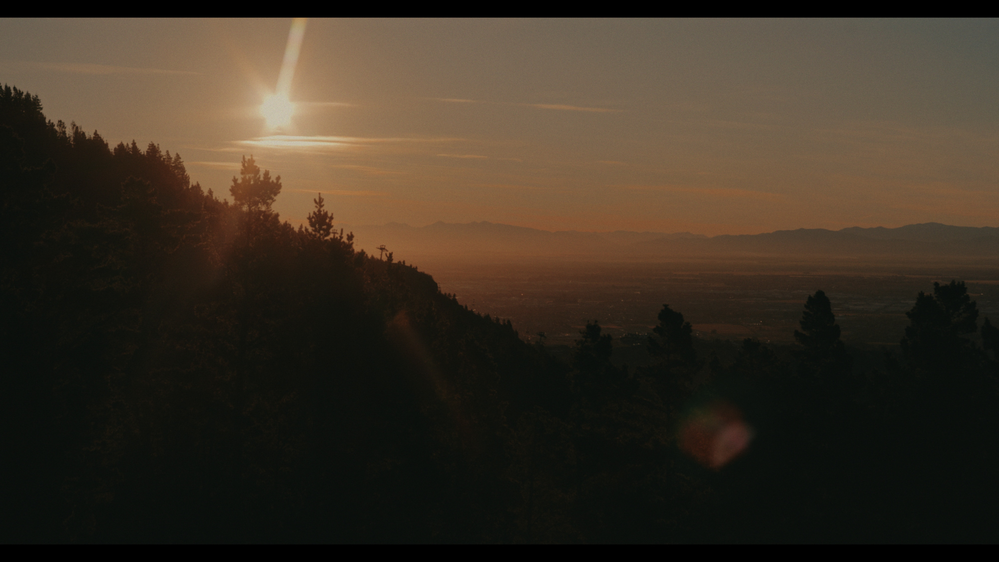 A panoramic mountain view features silhouetted pine trees on a steep slope overlooking a vast, hazy valley under a bright setting sun.