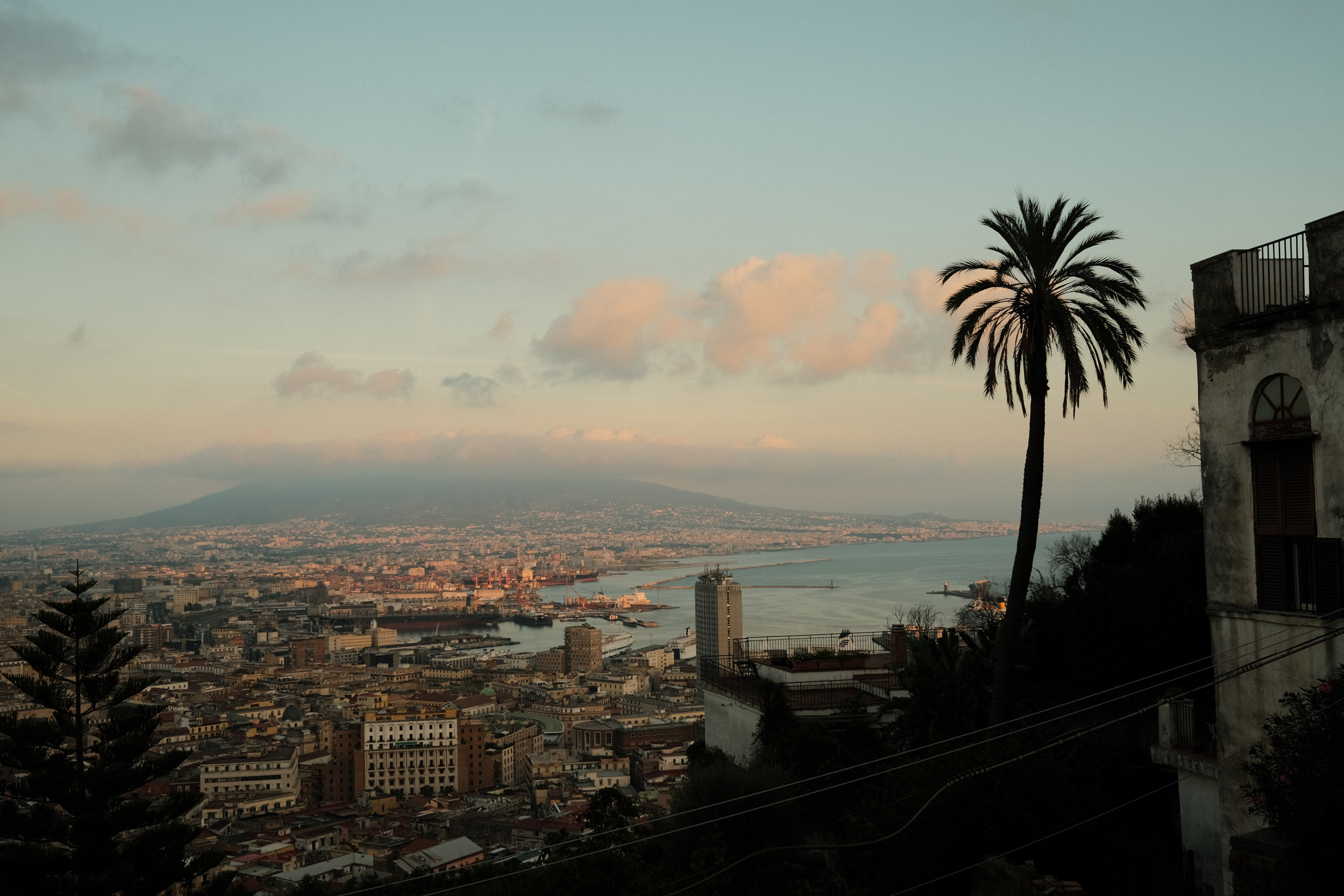 Vue en plongée sur Naples, avec un palmier dans le coin droit au premier plan et le Vésuve en arrière-plan. Photo par Michael Schulz prise avec un Fujifilm X100V
