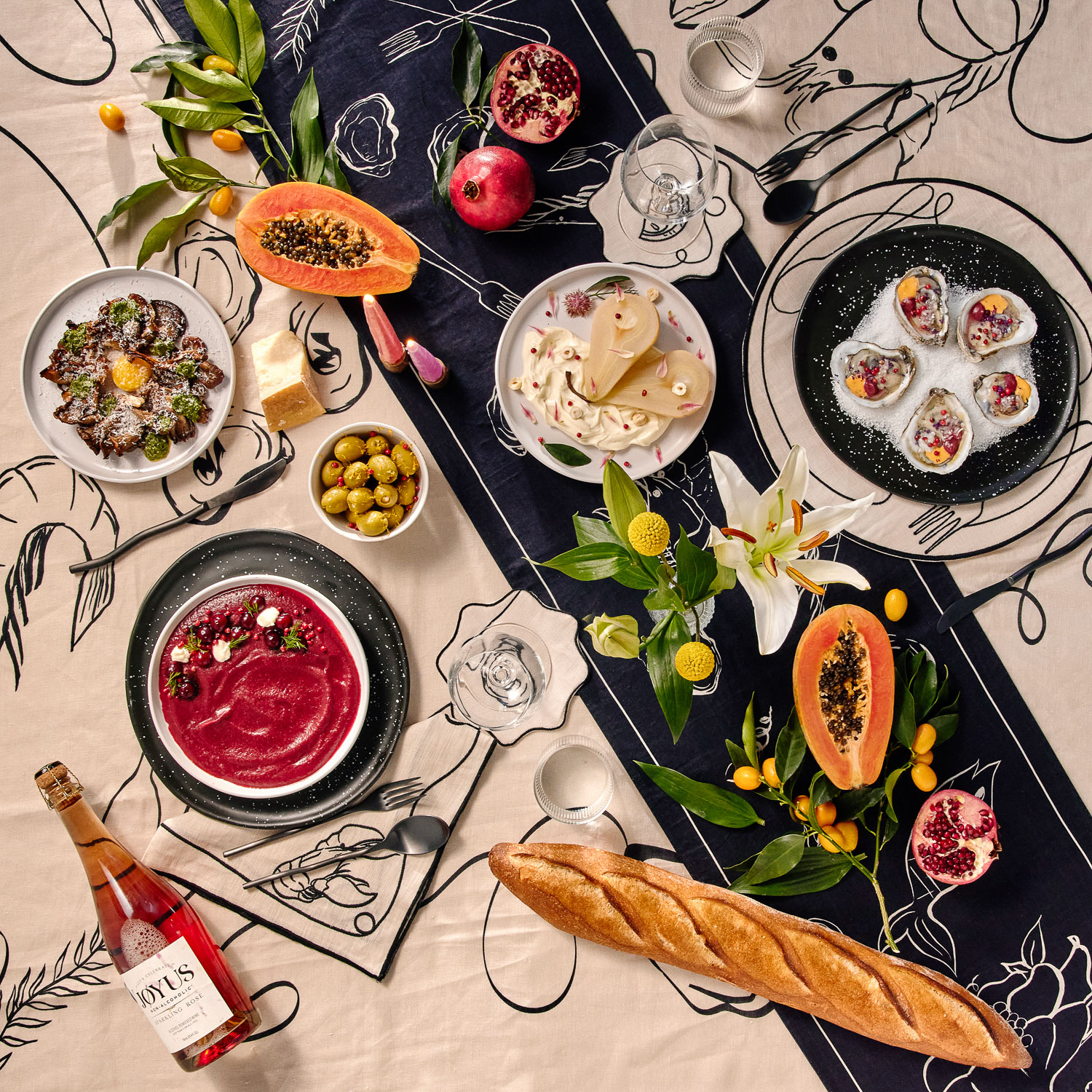 Bird’s-eye view of a food spread with beverages.
