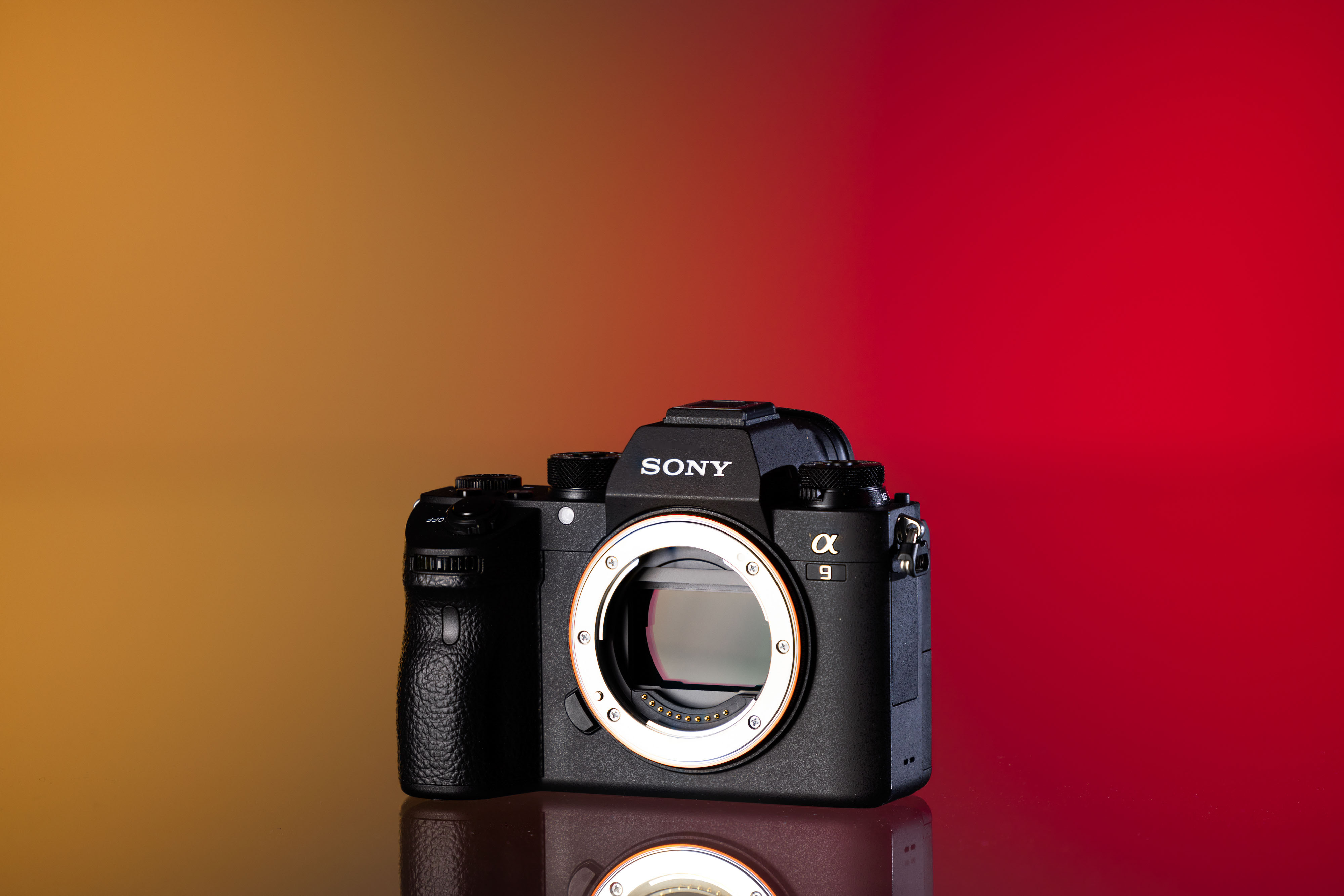 Cámara Sony A9 usada sobre un fondo amarillo y rojo