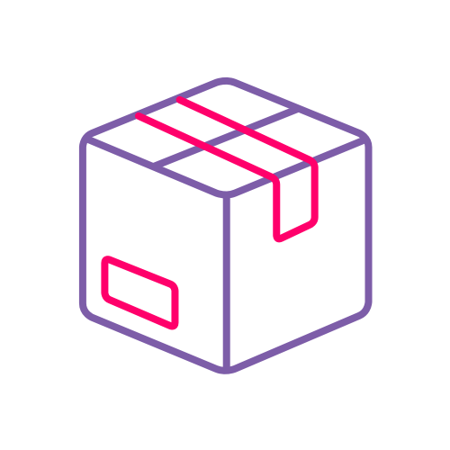 A blue and red icon representing a shipping box with label and tape