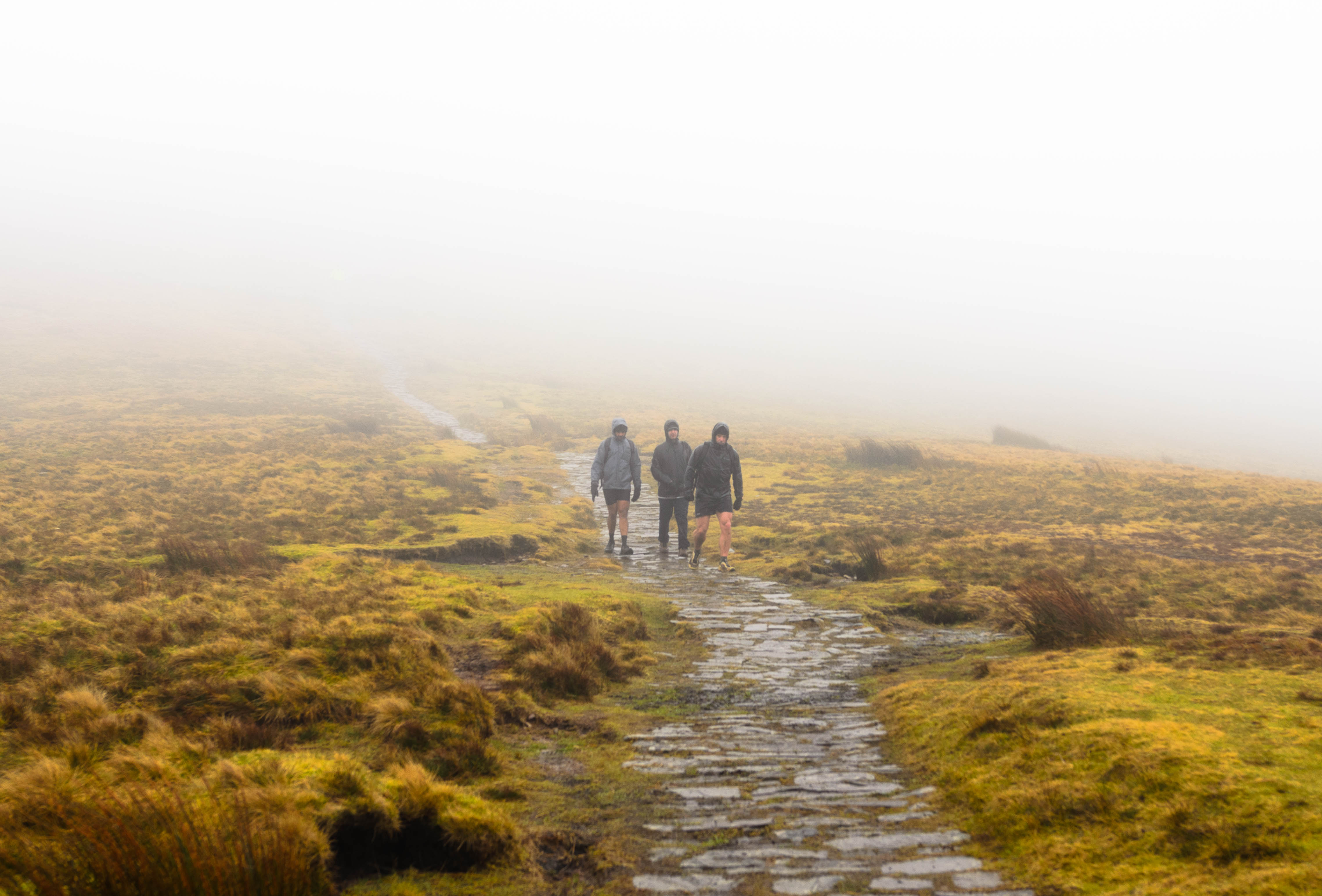 Three people walking on a path in Pen y Fan, Brecon Beacons, in very foggy conditions. By Connor Redmond.