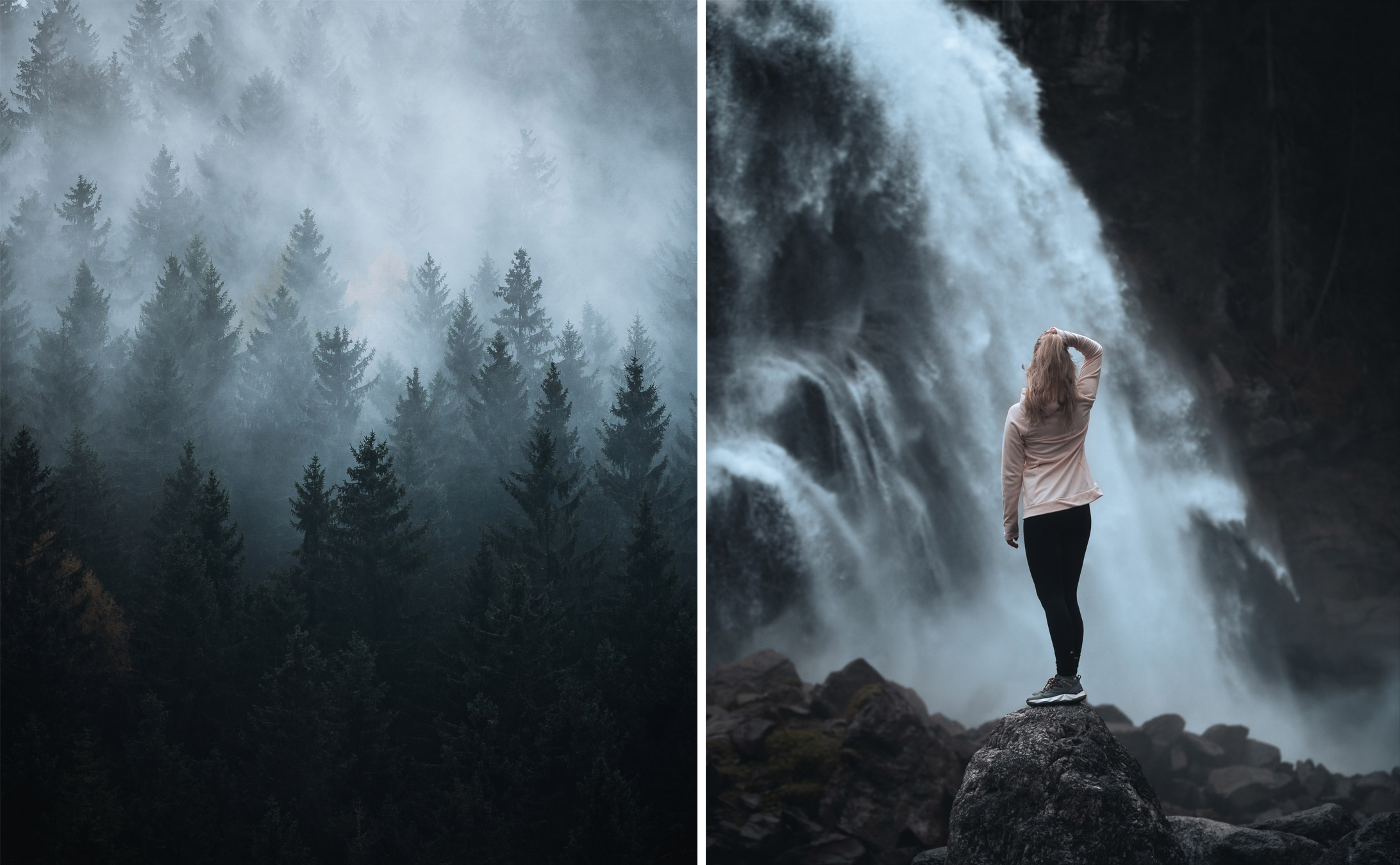 Zwei Landschaftsbilder, links ein Wald im Nebel, rechts eine Frau vor einem Wasserfall.