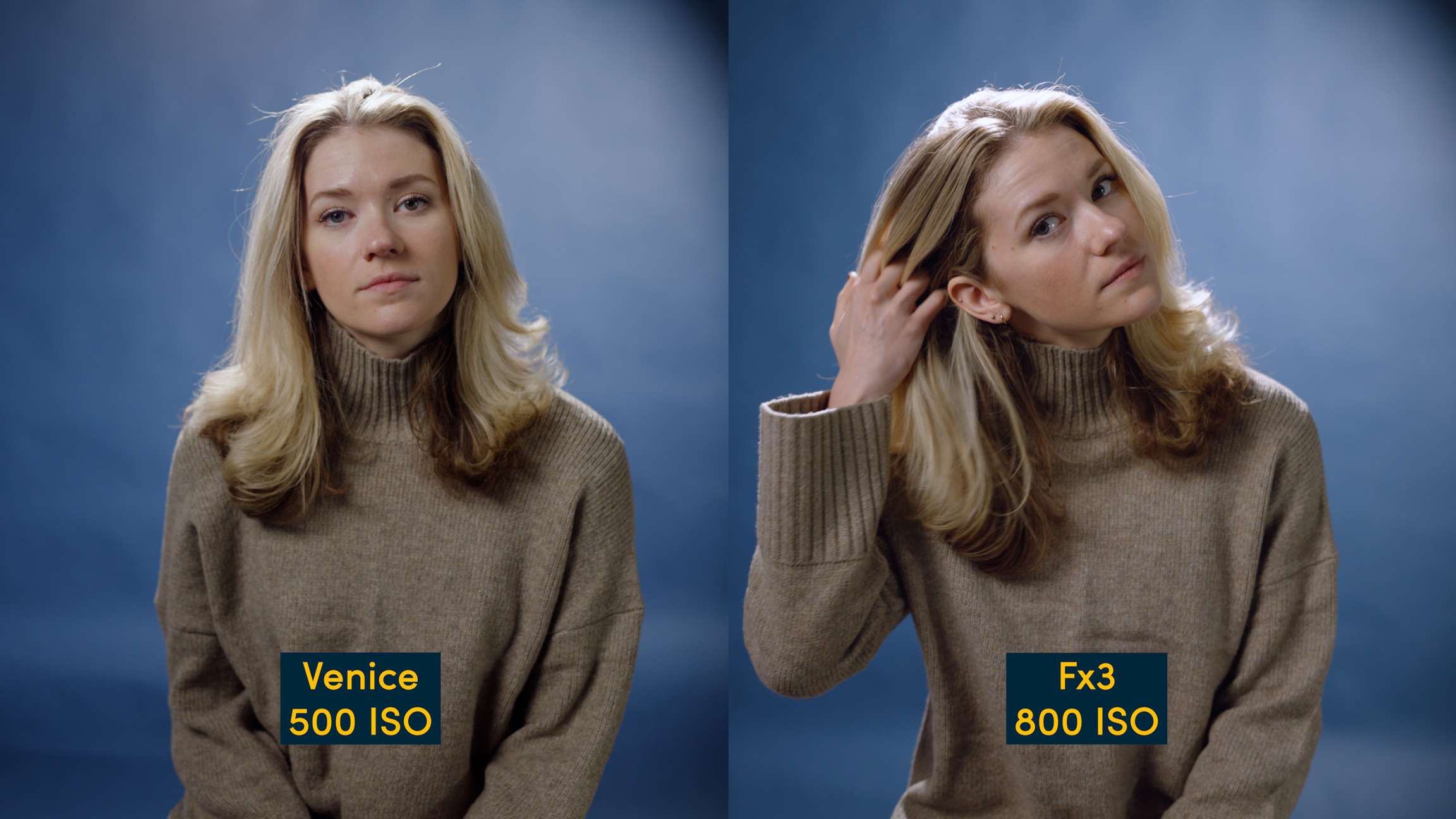 Comparison photo of photos taken on Sony Venice and Fx3 with person sitting in front of blue background