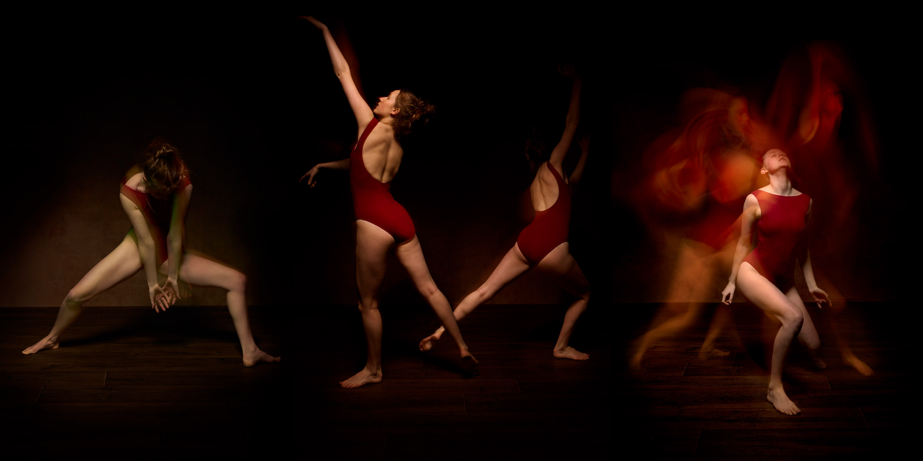 A quadruple exposure of a dancer wearing red posing in four different positions against a black background, photo by Lorna Allen with a Sony A7 IV
